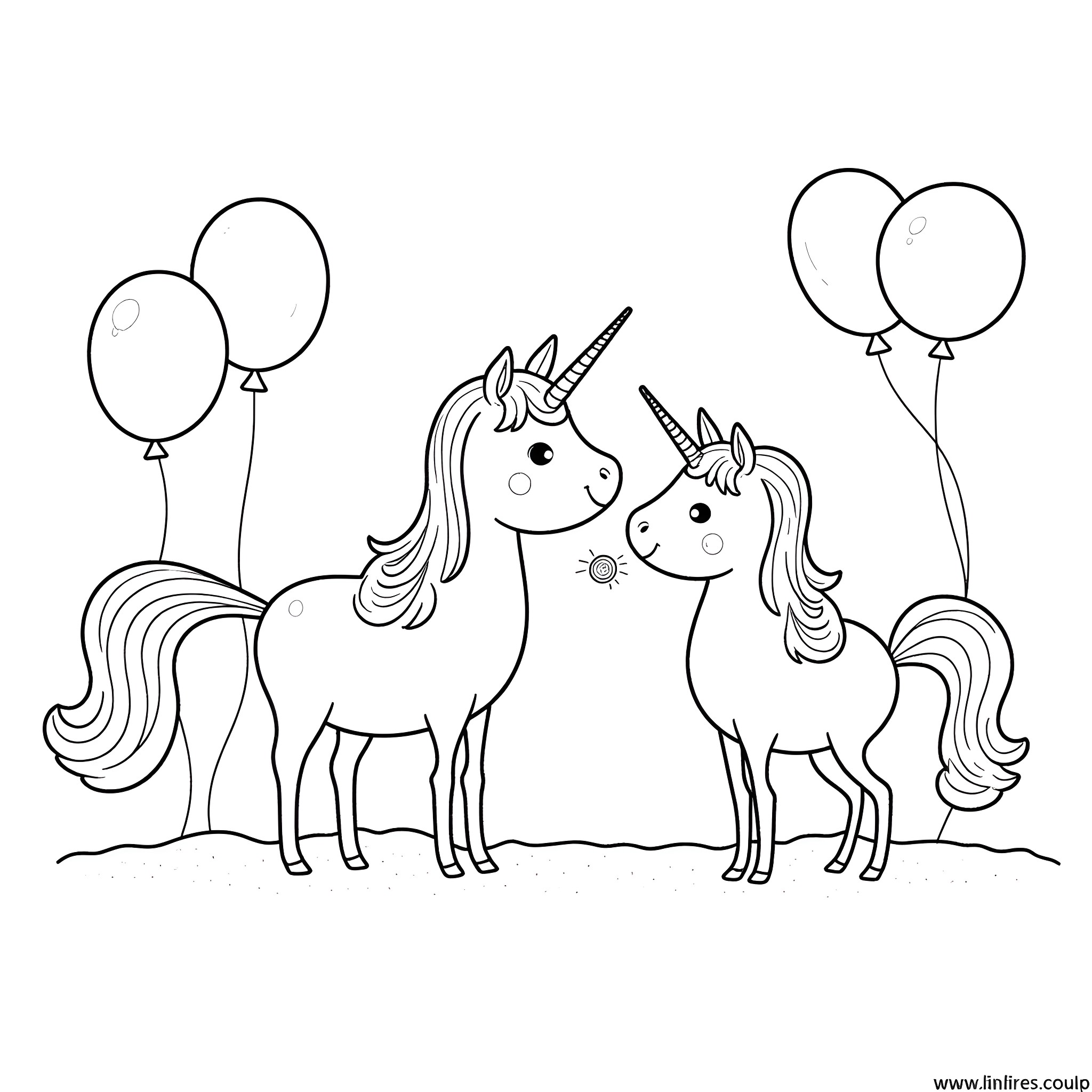 Unicorn playing with friends under balloons Coloring Page (free black-and-white line drawing printable PDF for all, from beginners to advanced learners, including children, teens, adults, and seniors)