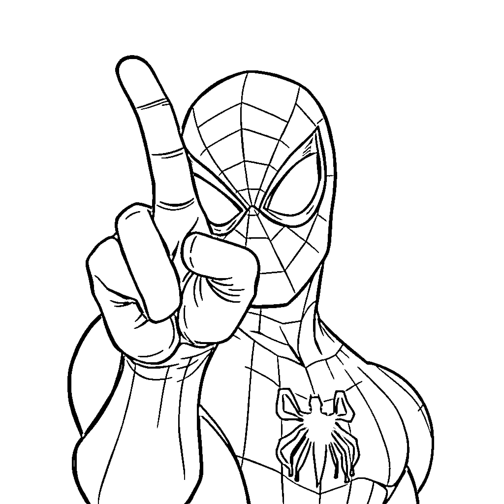 Spiderman making a hand gesture Coloring Page (free black-and-white line drawing printable PDF for all, from beginners to advanced learners, including children, teens, adults, and seniors)