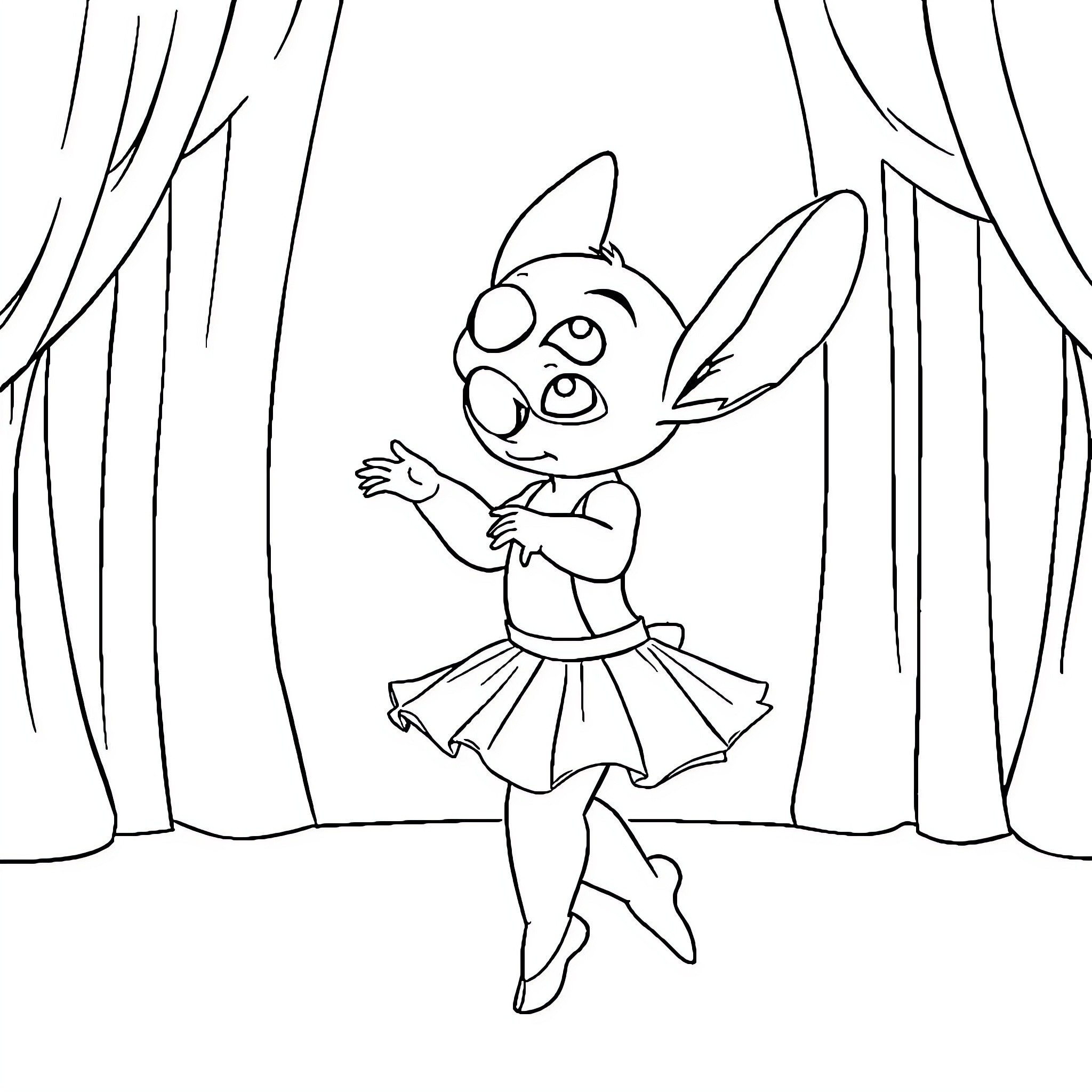 Stitch dancing on stage with curtain Coloring Page (free black-and-white line drawing printable PDF for all, from beginners to advanced learners, including children, teens, adults, and seniors)