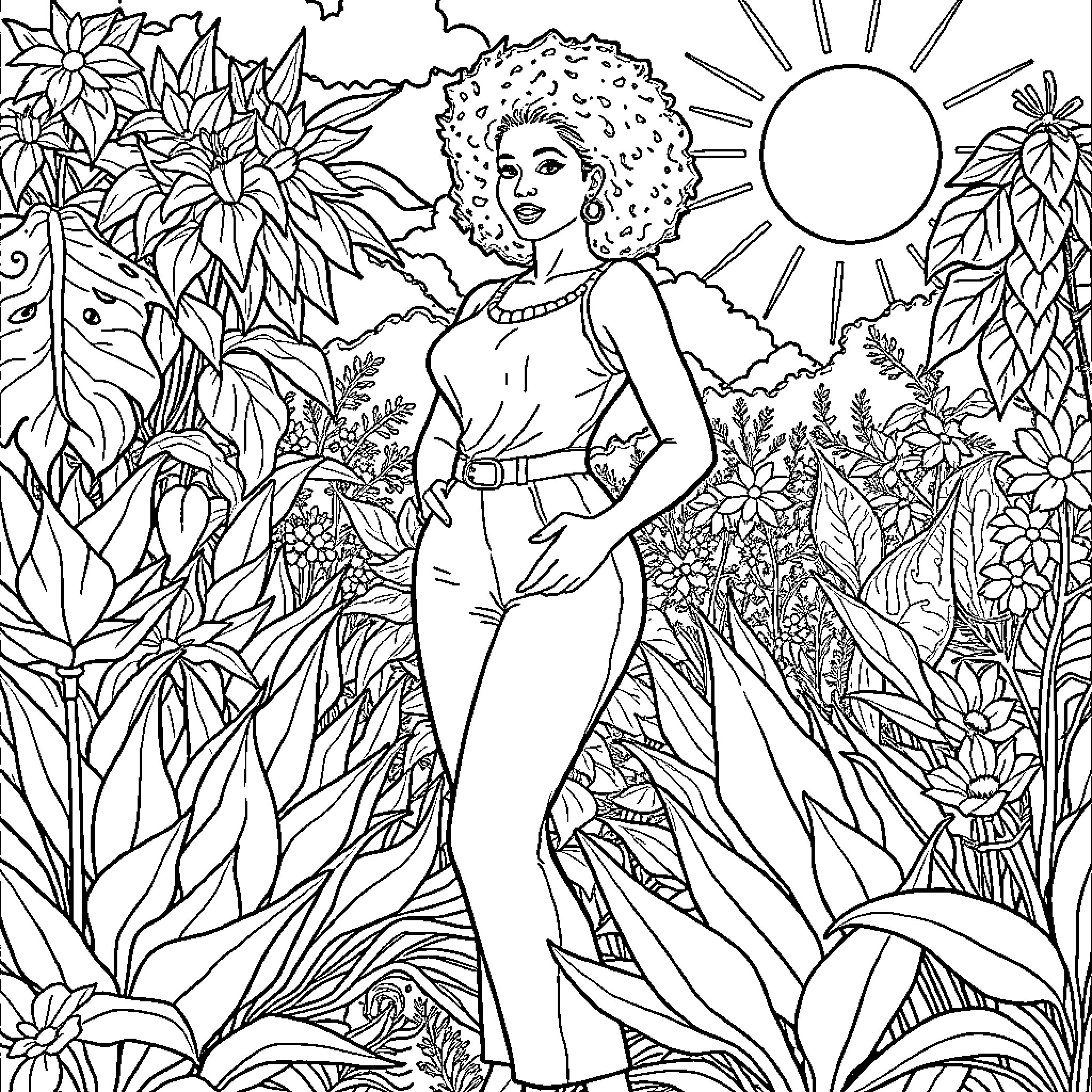 Woman Enjoying Nature's Beauty in Lush Surroundings Coloring Page (free black-and-white line drawing printable PDF for all, from beginners to advanced learners, including children, teens, adults, and seniors)