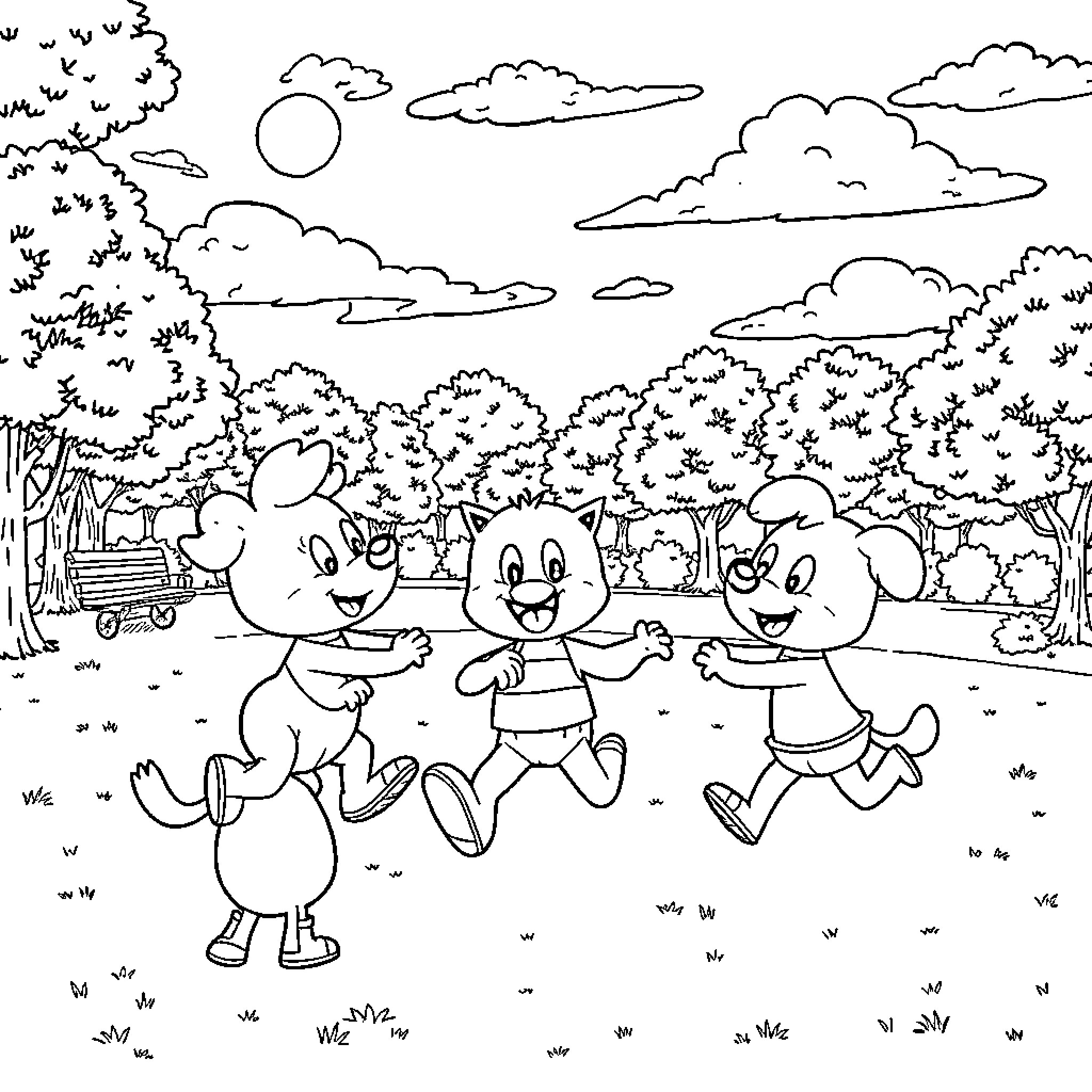 Bluey and friends enjoying outdoor adventure Coloring Page (free black-and-white line drawing printable PDF for all, from beginners to advanced learners, including children, teens, adults, and seniors)