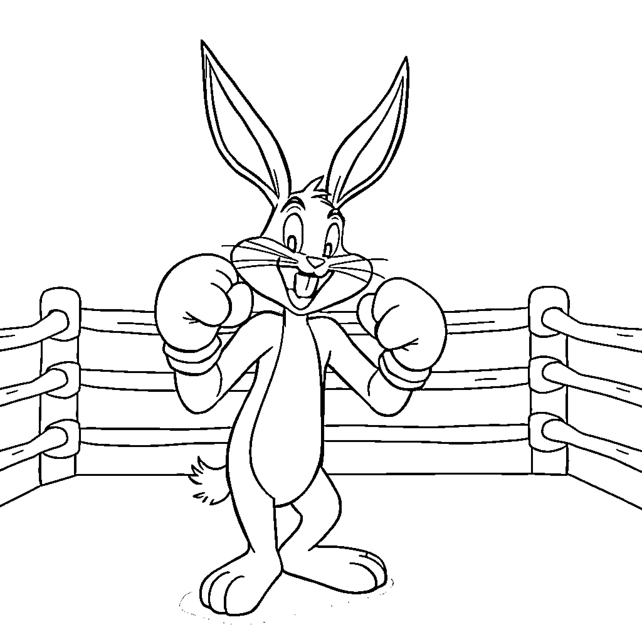 Bugs Bunny in a boxing ring, ready to fight Coloring Page (free black-and-white line drawing printable PDF for all, from beginners to advanced learners, including children, teens, adults, and seniors)