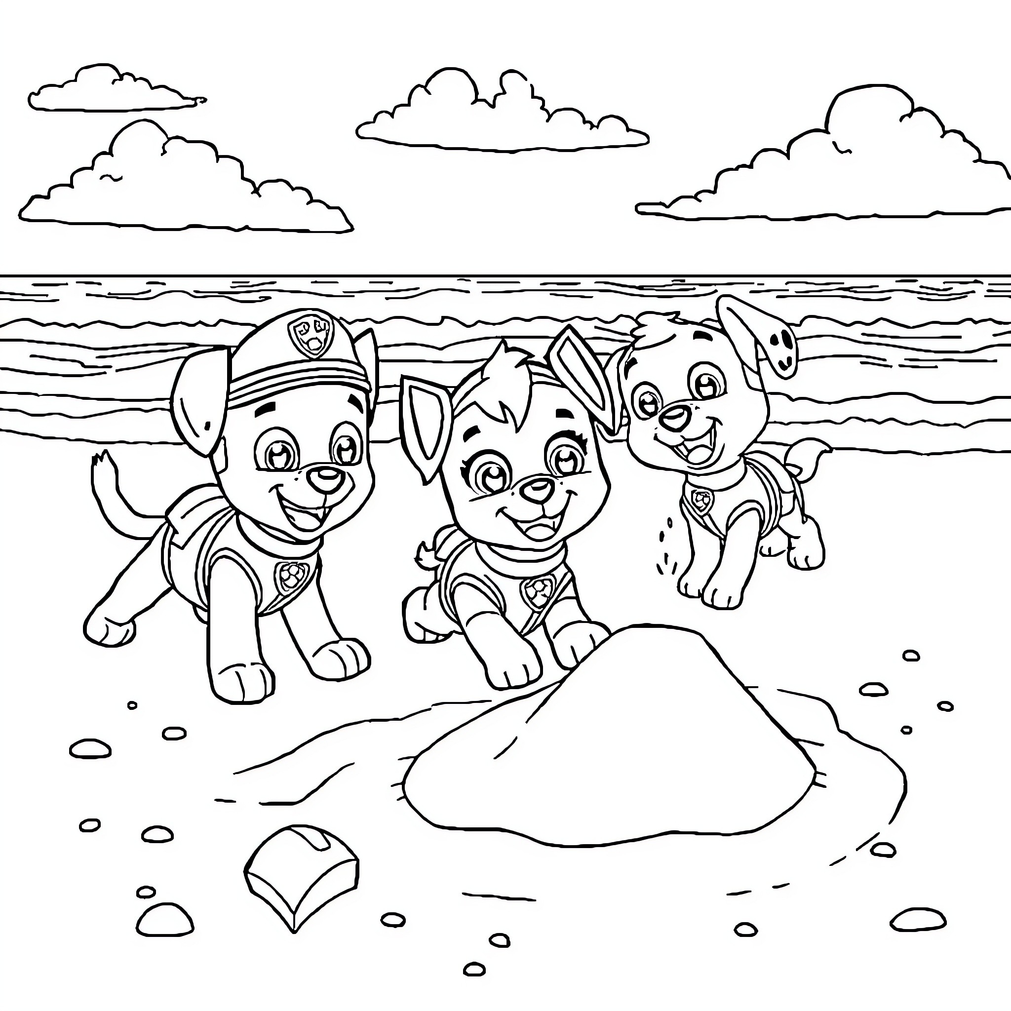 Paw Patrol puppies playing on the beach Coloring Page (free black-and-white line drawing printable PDF for all, from beginners to advanced learners, including children, teens, adults, and seniors)