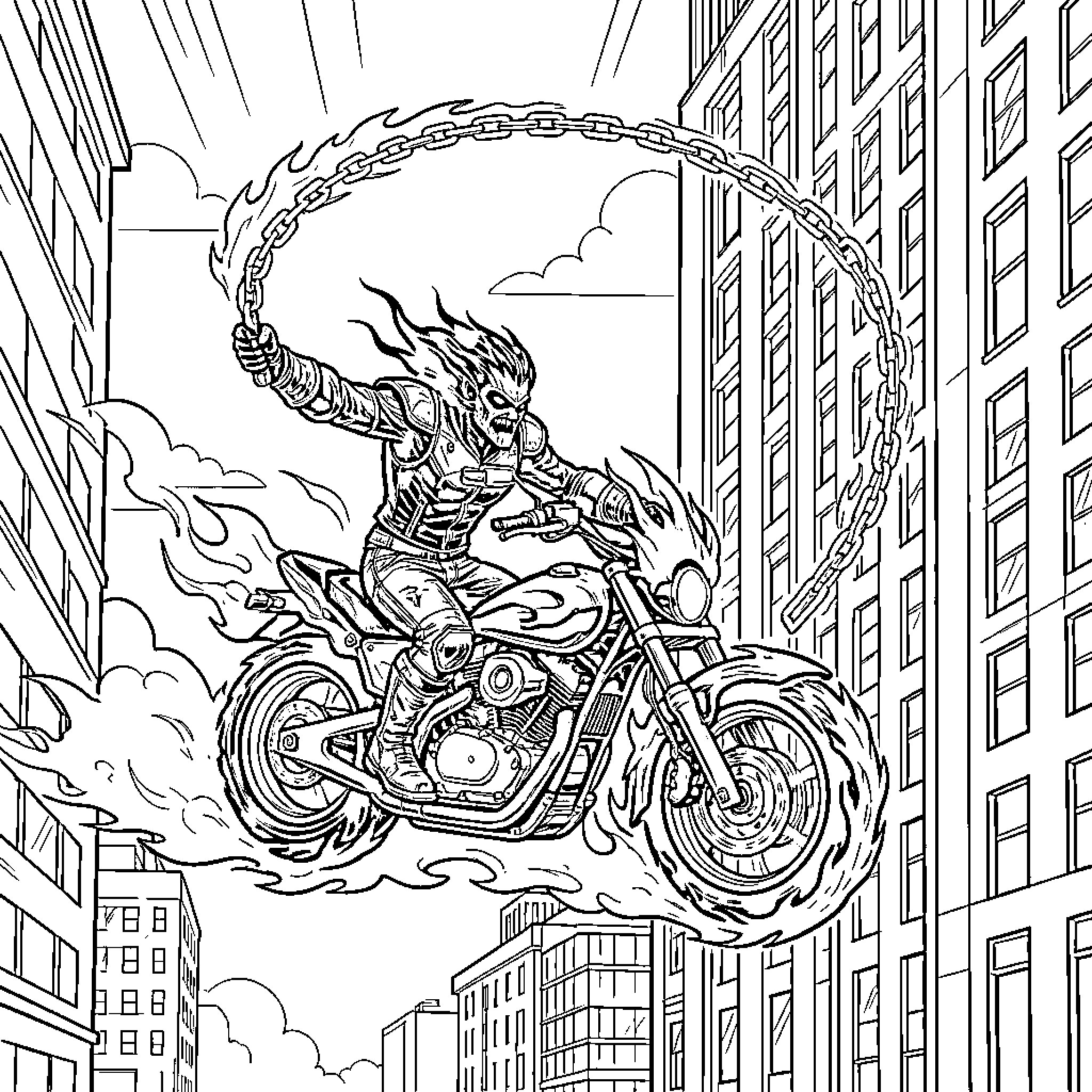 Ghost Rider unleashing fiery fury on a motorcycle Coloring Page (free black-and-white line drawing printable PDF for all, from beginners to advanced learners, including children, teens, adults, and seniors)