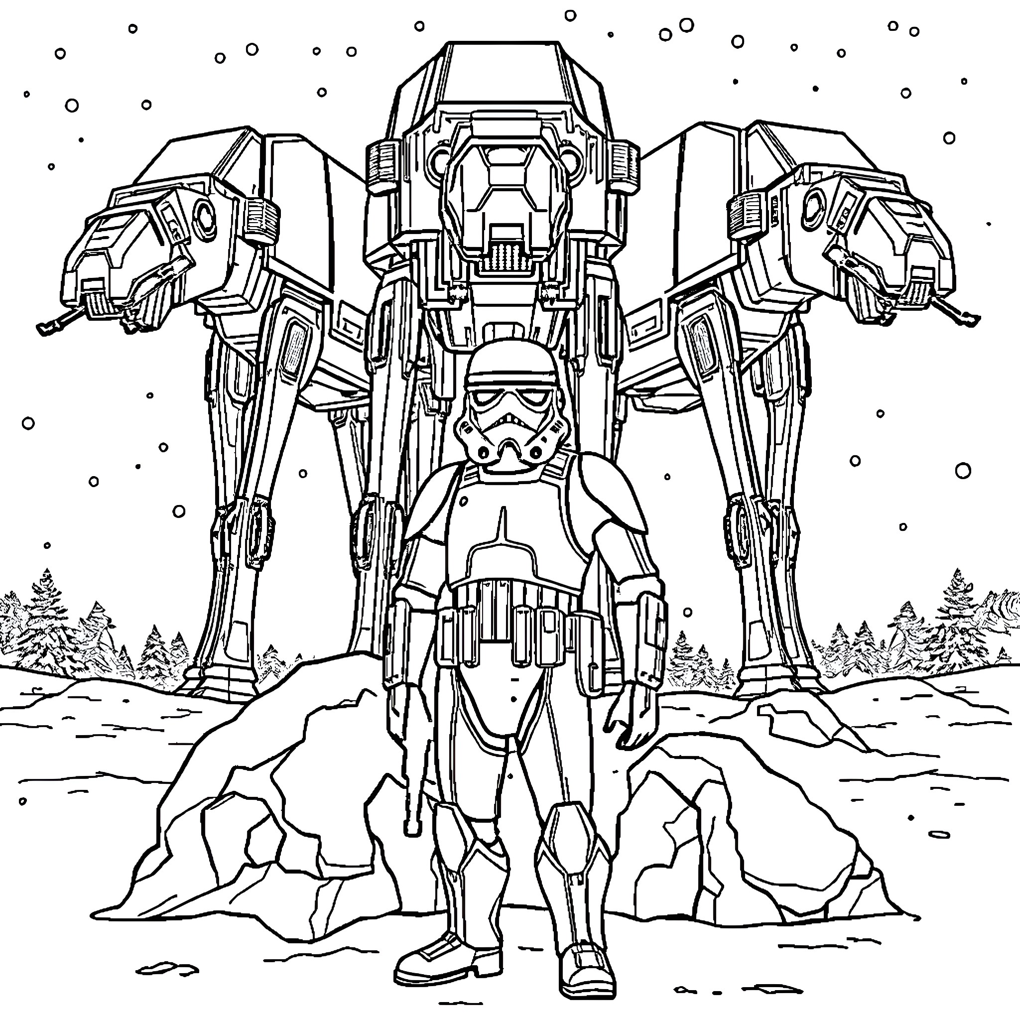 Snow Trooper Exploring Snowy Landscape with Mechanical Walkers Coloring Page (free black-and-white line drawing printable PDF for all, from beginners to advanced learners, including children, teens, adults, and seniors)