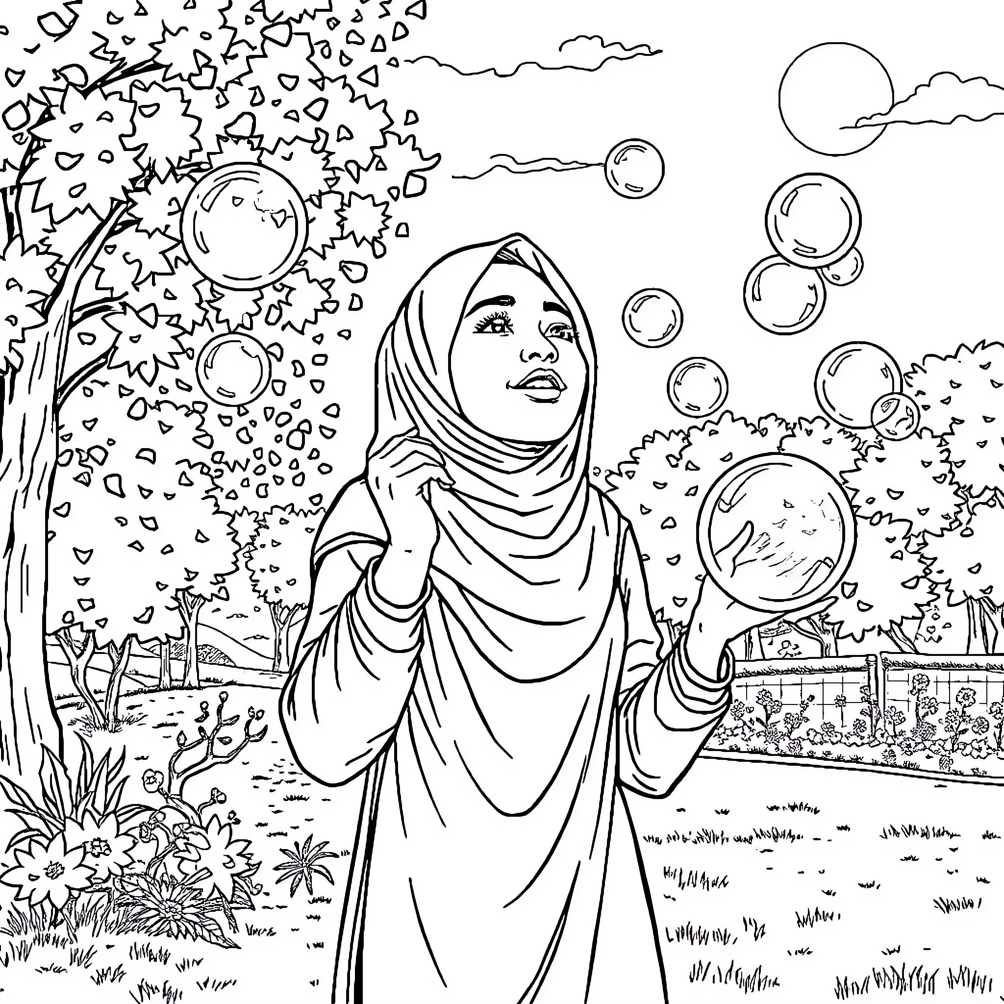 Woman blowing bubbles in a peaceful garden Coloring Page (free black-and-white line drawing printable PDF for all, from beginners to advanced learners, including children, teens, adults, and seniors)