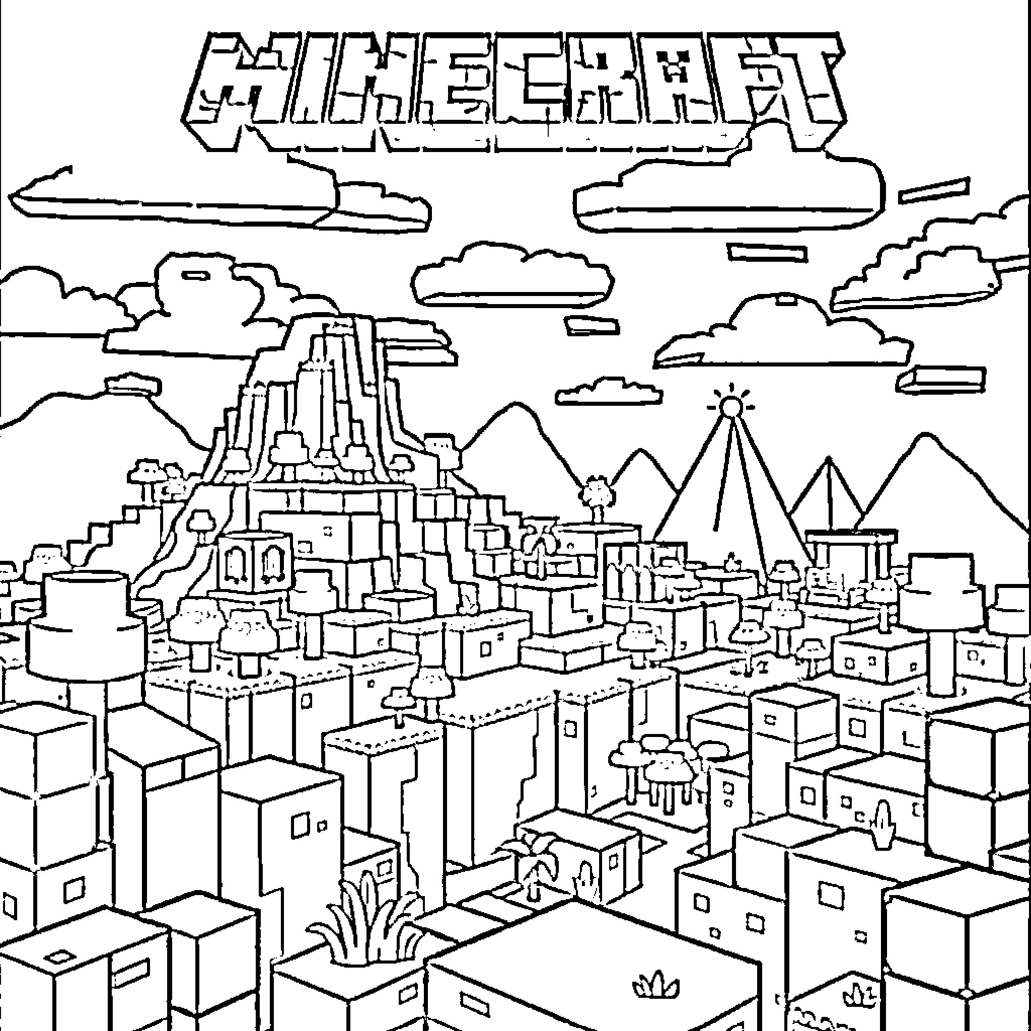Minecraft scenic landscape with blocky structures and terrain Coloring Page (free black-and-white line drawing printable PDF for all, from beginners to advanced learners, including children, teens, adults, and seniors)