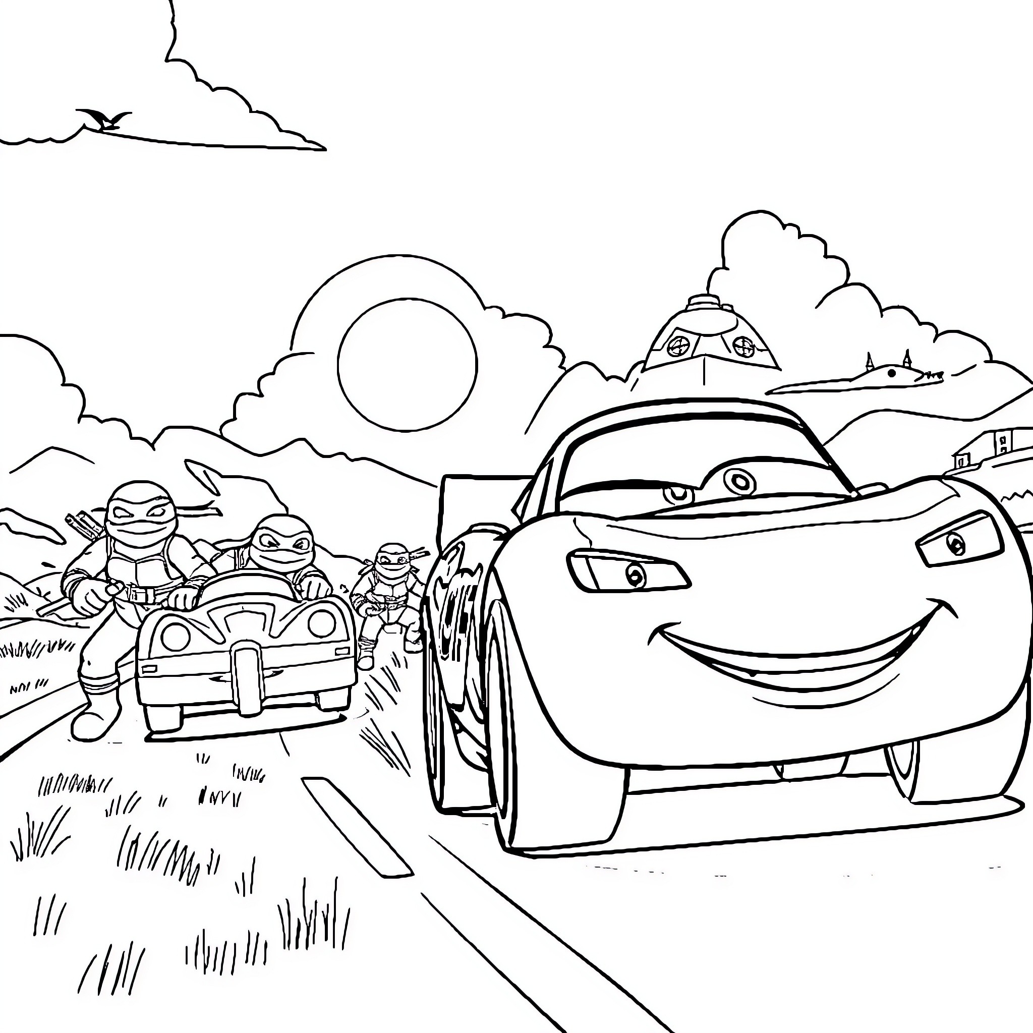Ninja Turtle friends take a joyride with car character Coloring Page (free black-and-white line drawing printable PDF for all, from beginners to advanced learners, including children, teens, adults, and seniors)