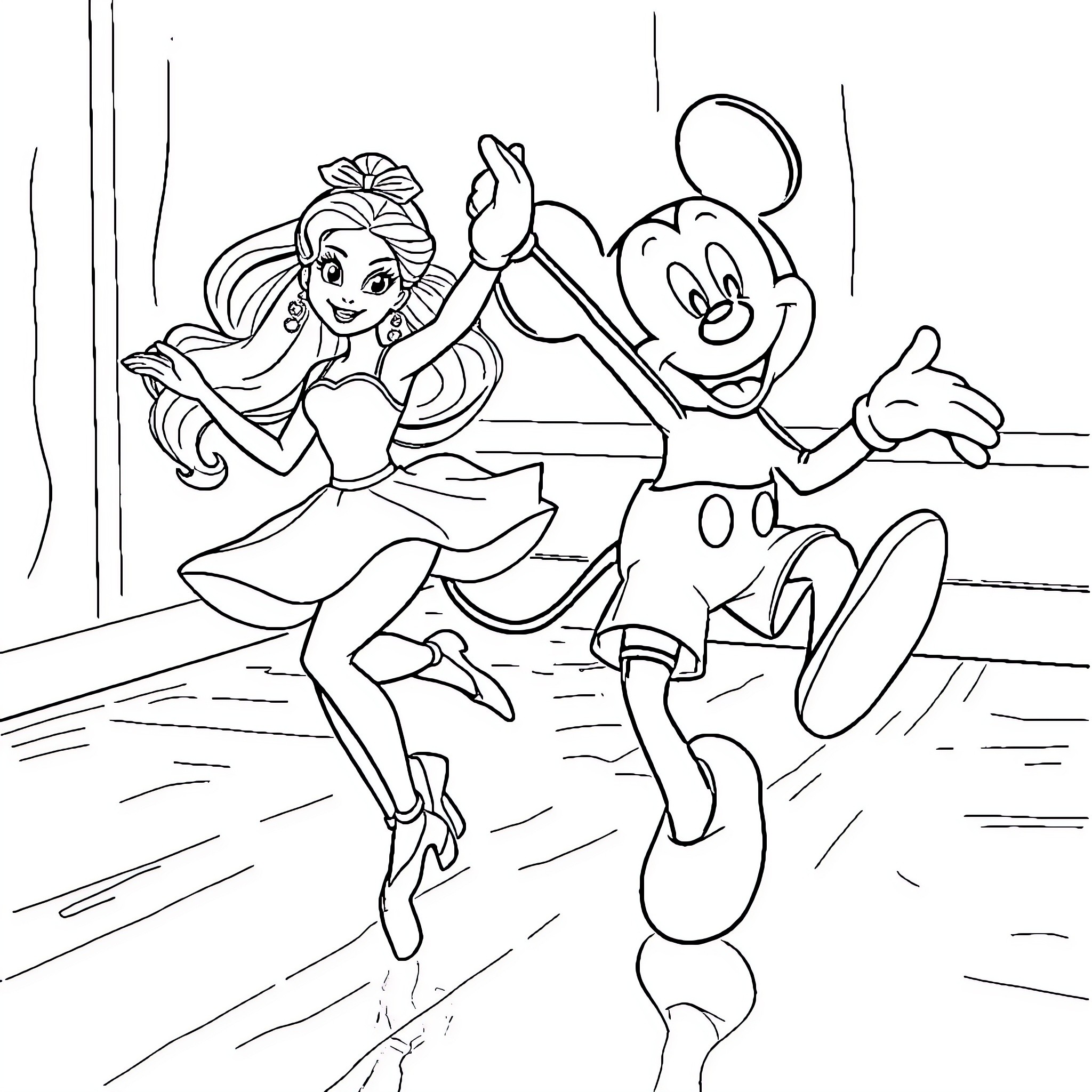 Barbie and Mickey Mouse dancing happily Coloring Page (free black-and-white line drawing printable PDF for all, from beginners to advanced learners, including children, teens, adults, and seniors)