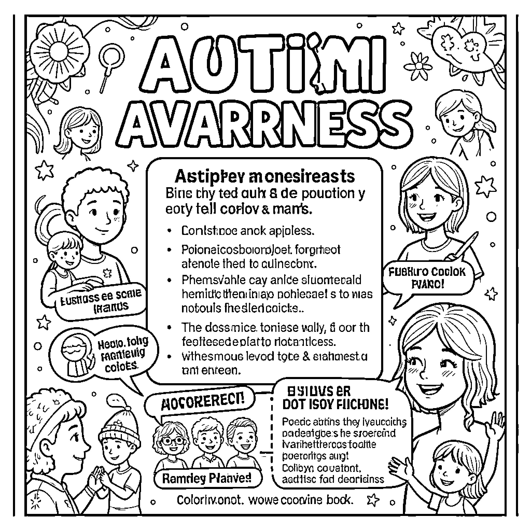 Autism Awareness: Celebrating Diversity and Understanding Coloring Page (free black-and-white line drawing printable PDF for all, from beginners to advanced learners, including children, teens, adults, and seniors)