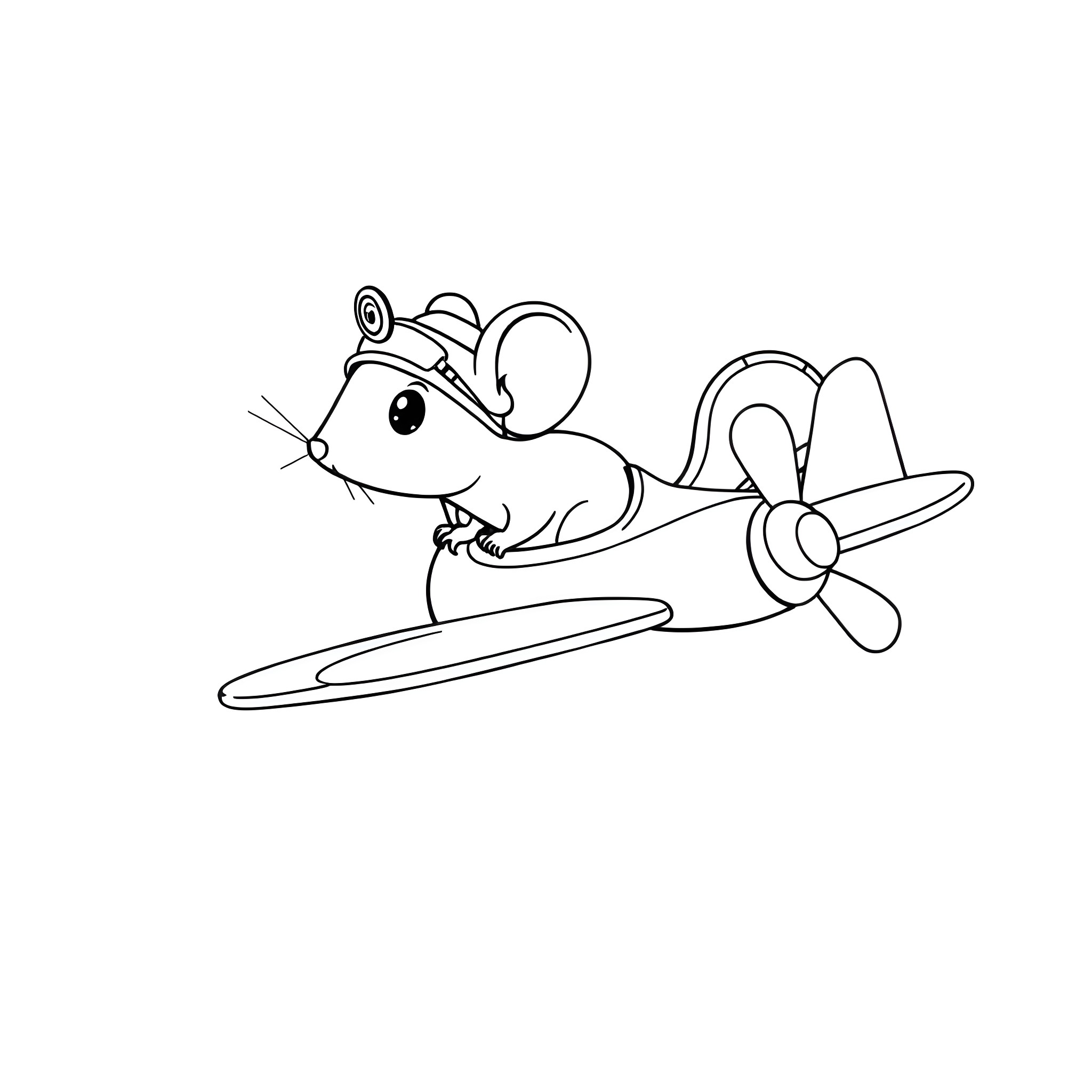 Mouse flying a plane in the sky Coloring Page (free black-and-white line drawing printable PDF for all, from beginners to advanced learners, including children, teens, adults, and seniors)