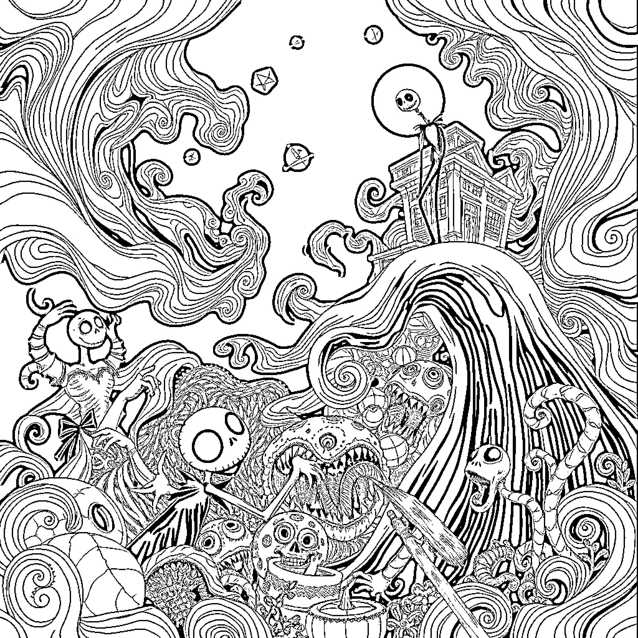 Nightmare of Surreal Monsters and Creatures Coloring Page (free black-and-white line drawing printable PDF for all, from beginners to advanced learners, including children, teens, adults, and seniors)