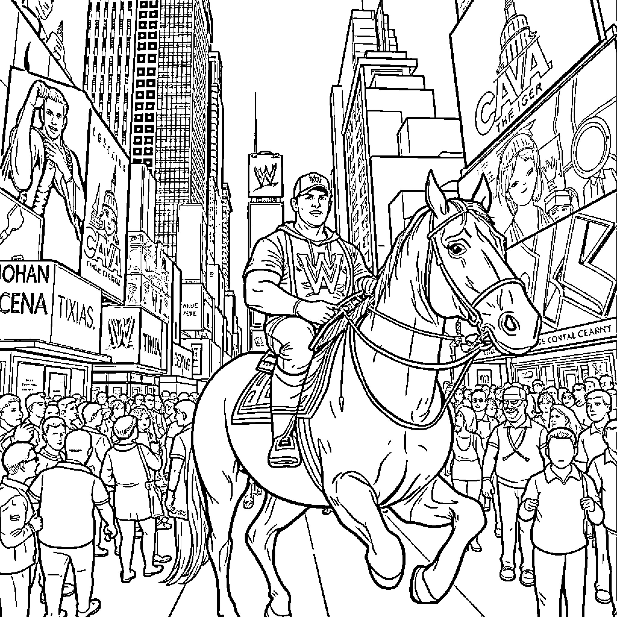 John Cena Riding a Horse through a Crowded City Coloring Page (free black-and-white line drawing printable PDF for all, from beginners to advanced learners, including children, teens, adults, and seniors)