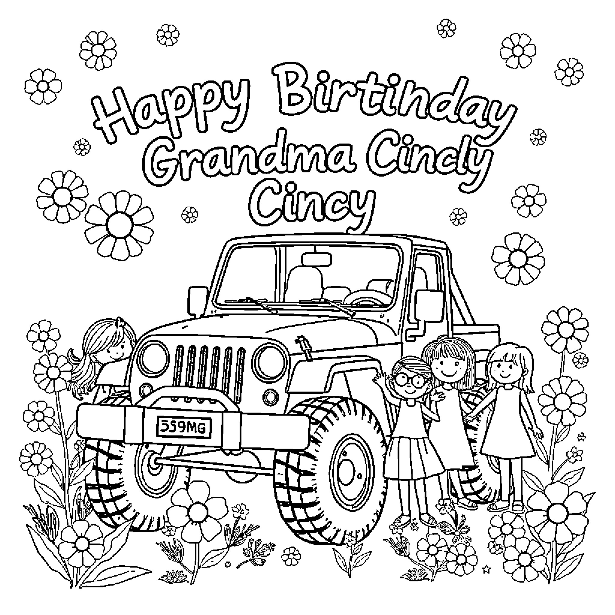 Grandma's Birthday Celebration with Family and Jeep Coloring Page (free black-and-white line drawing printable PDF for all, from beginners to advanced learners, including children, teens, adults, and seniors)