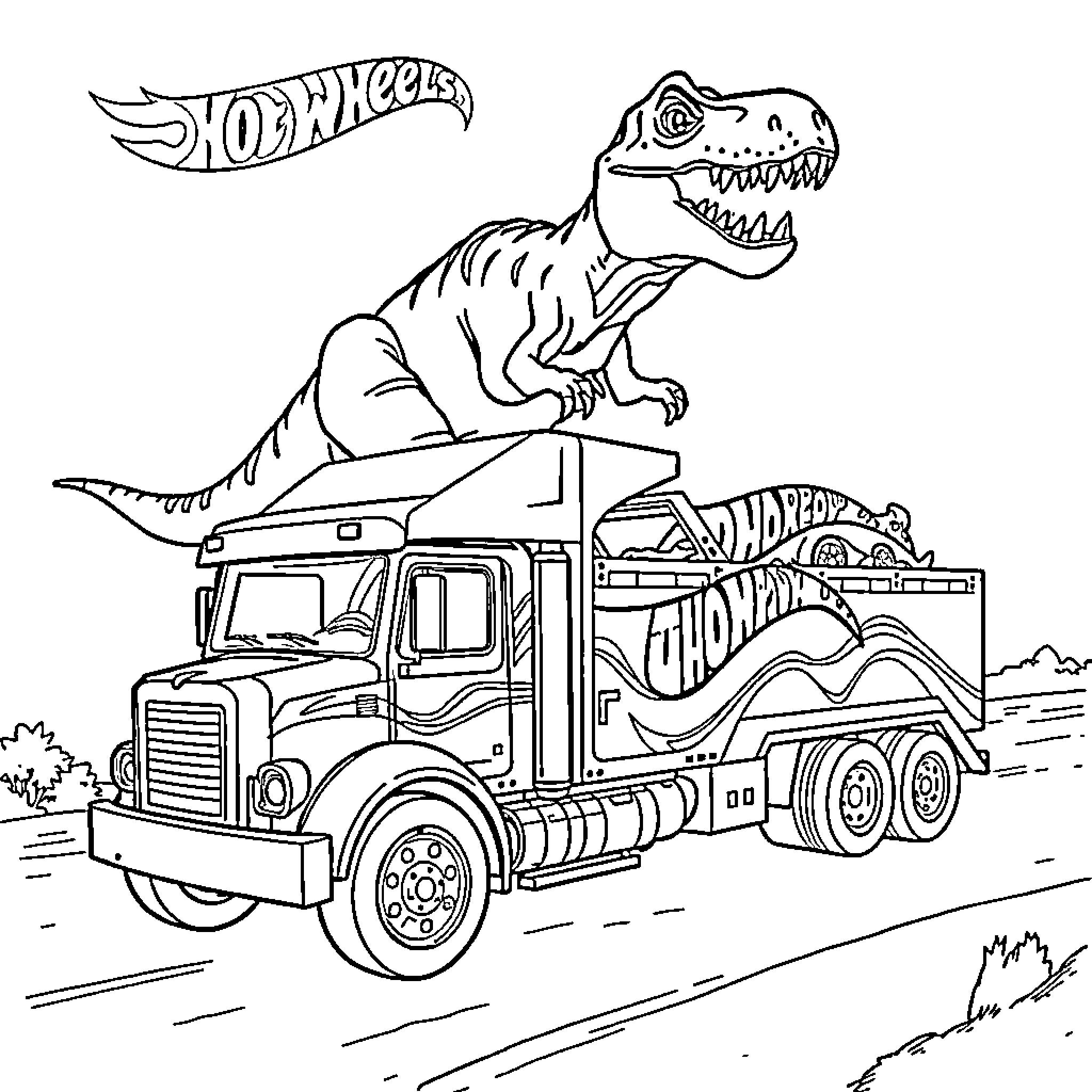 Trex rides with Hot Wheels on the truck Coloring Page (free black-and-white line drawing printable PDF for all, from beginners to advanced learners, including children, teens, adults, and seniors)