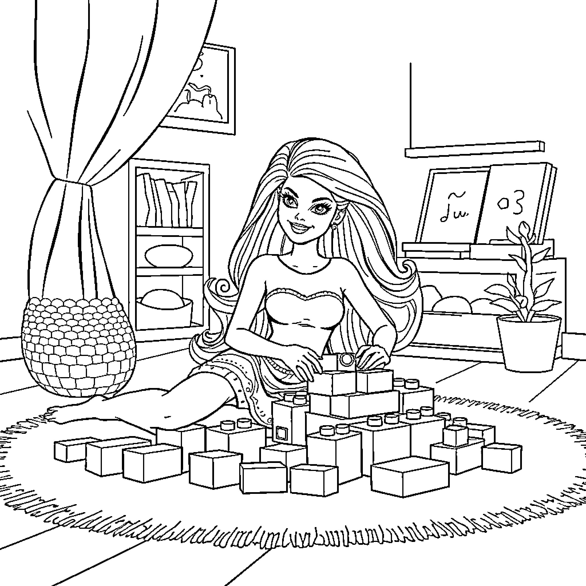 Barbie playing with building blocks in her room Coloring Page (free black-and-white line drawing printable PDF for all, from beginners to advanced learners, including children, teens, adults, and seniors)