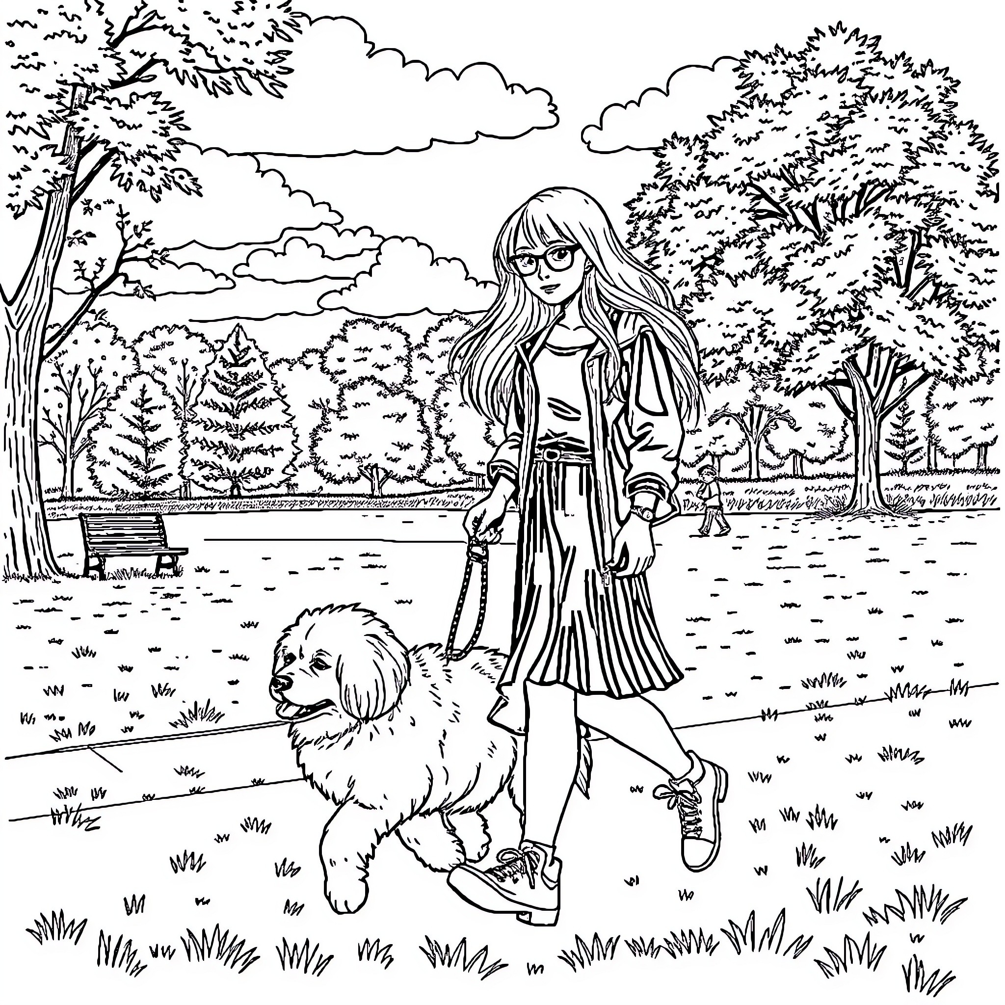Billie Eilish walking her dog in a serene park Coloring Page (free black-and-white line drawing printable PDF for all, from beginners to advanced learners, including children, teens, adults, and seniors)
