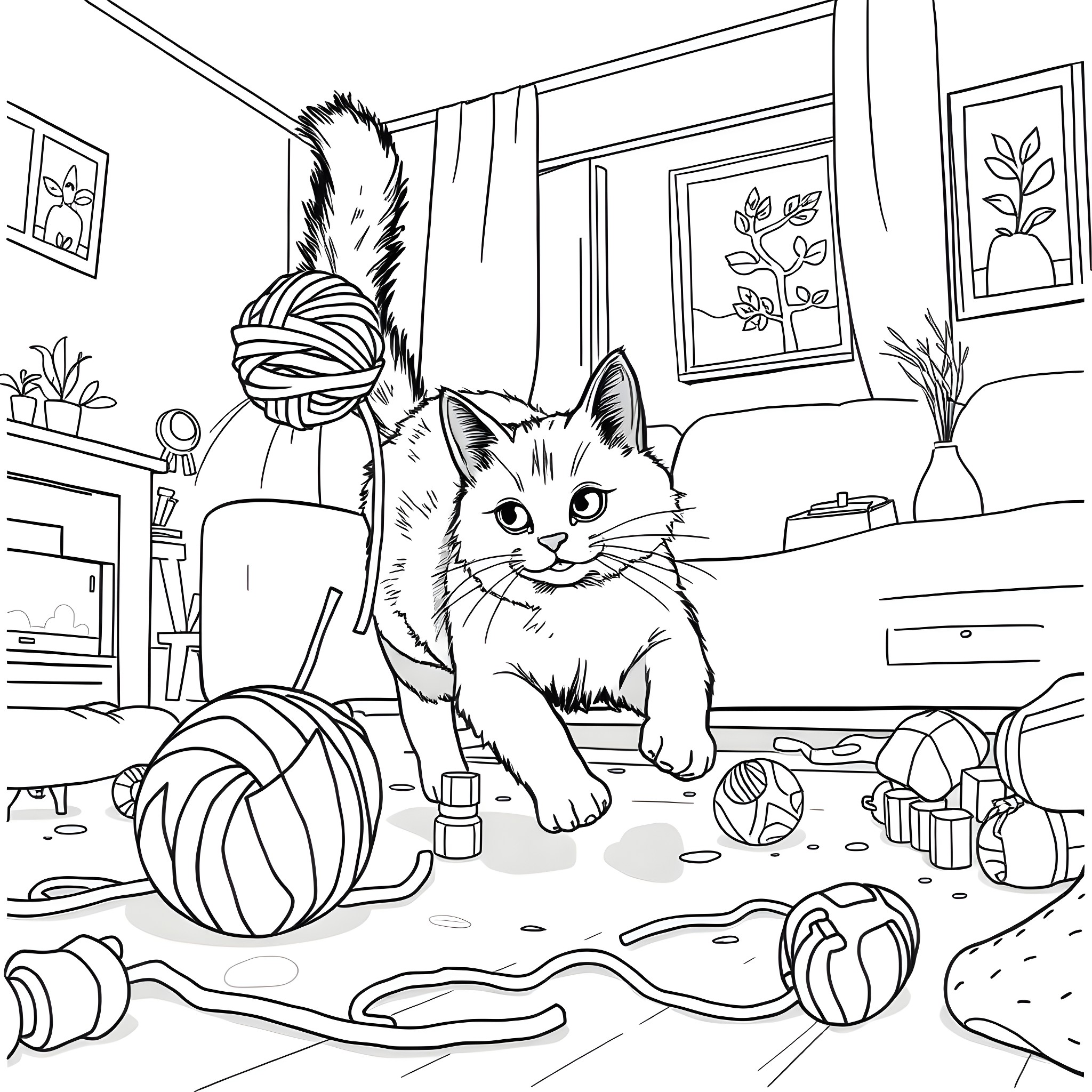 Cat exploring a cozy indoor scene Coloring Page (free black-and-white line drawing printable PDF for all, from beginners to advanced learners, including children, teens, adults, and seniors)