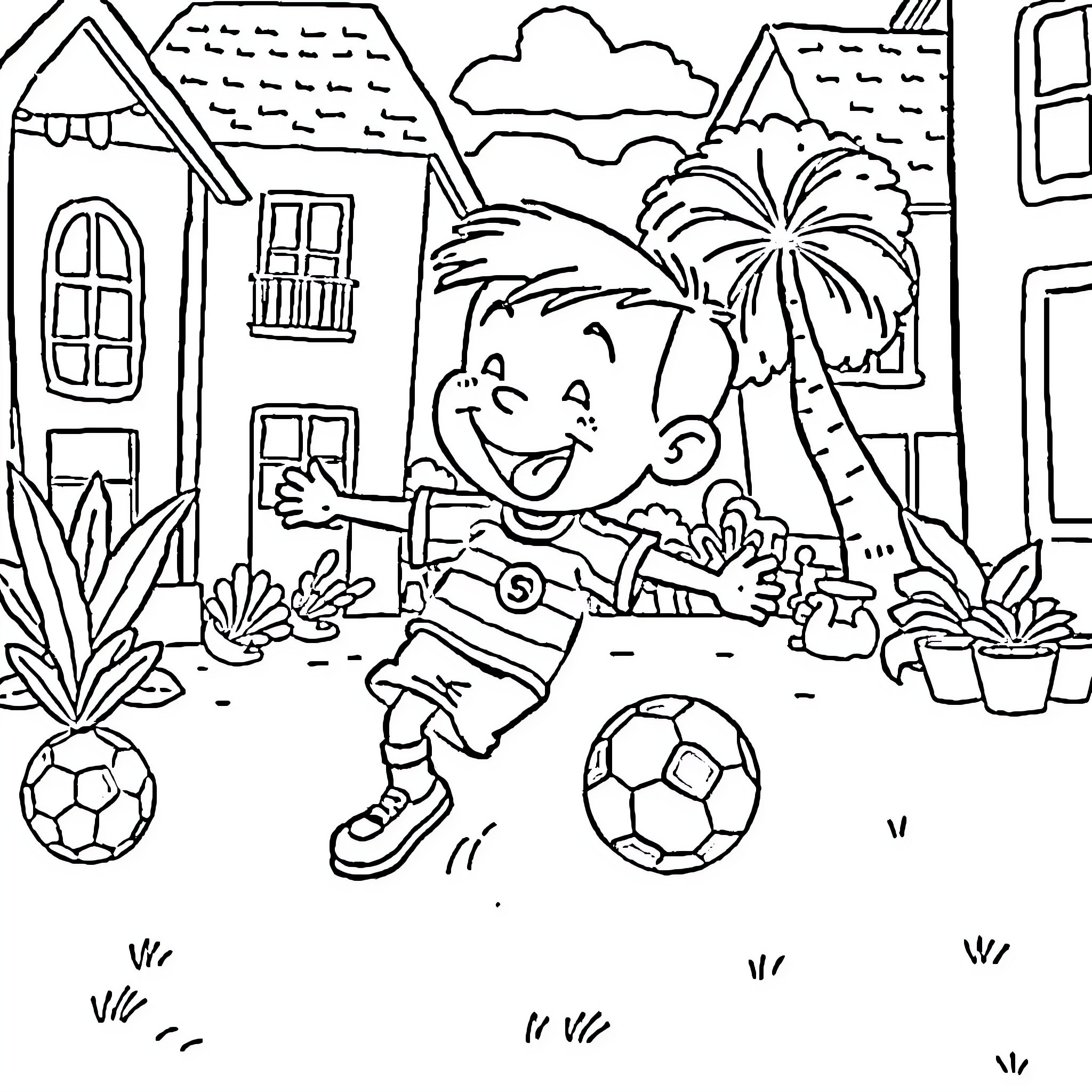El Chavo playing joyfully with soccer balls in the neighborhood Coloring Page (free black-and-white line drawing printable PDF for all, from beginners to advanced learners, including children, teens, adults, and seniors)
