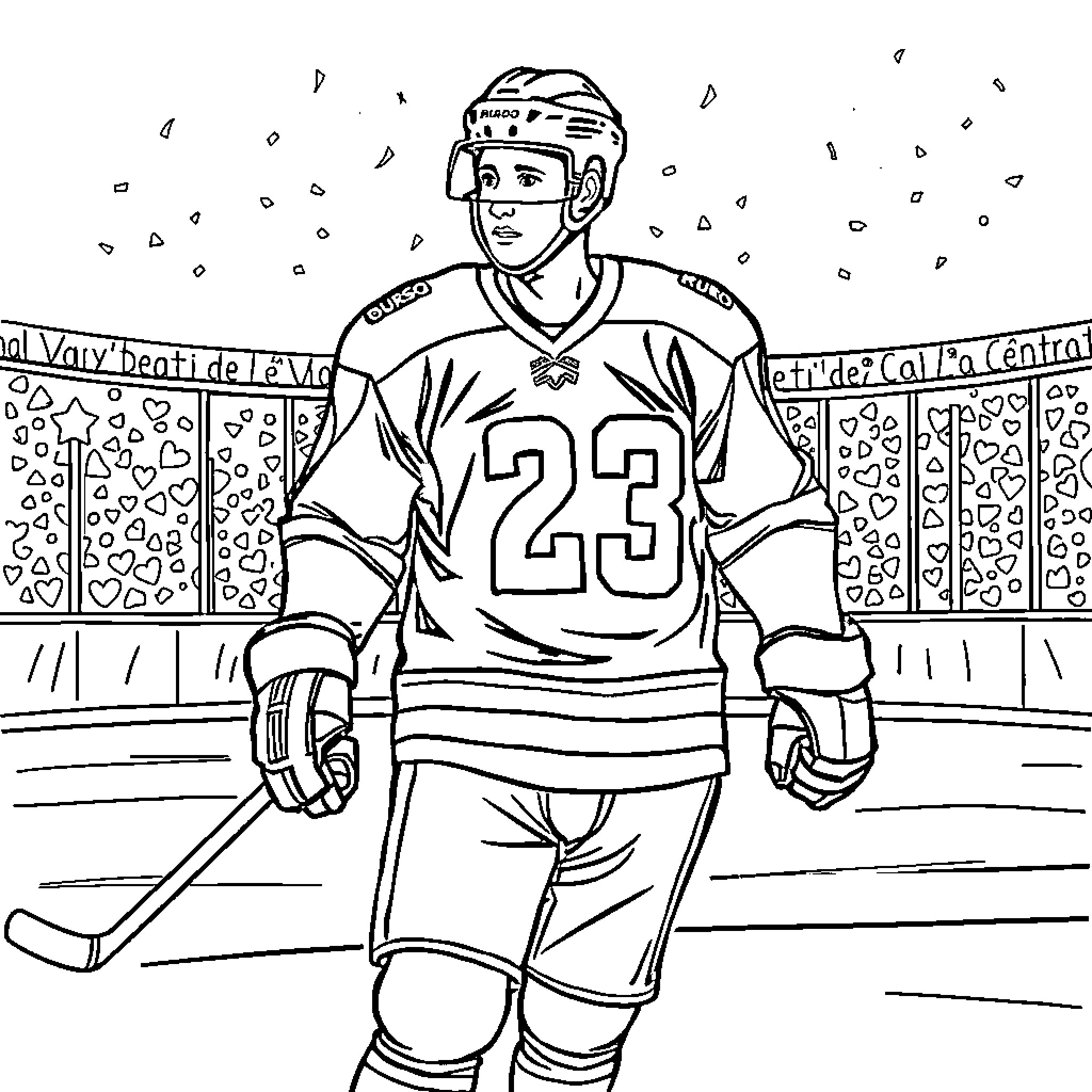 Hockey Player in Full Uniform on Ice Rink Coloring Page (free black-and-white line drawing printable PDF for all, from beginners to advanced learners, including children, teens, adults, and seniors)