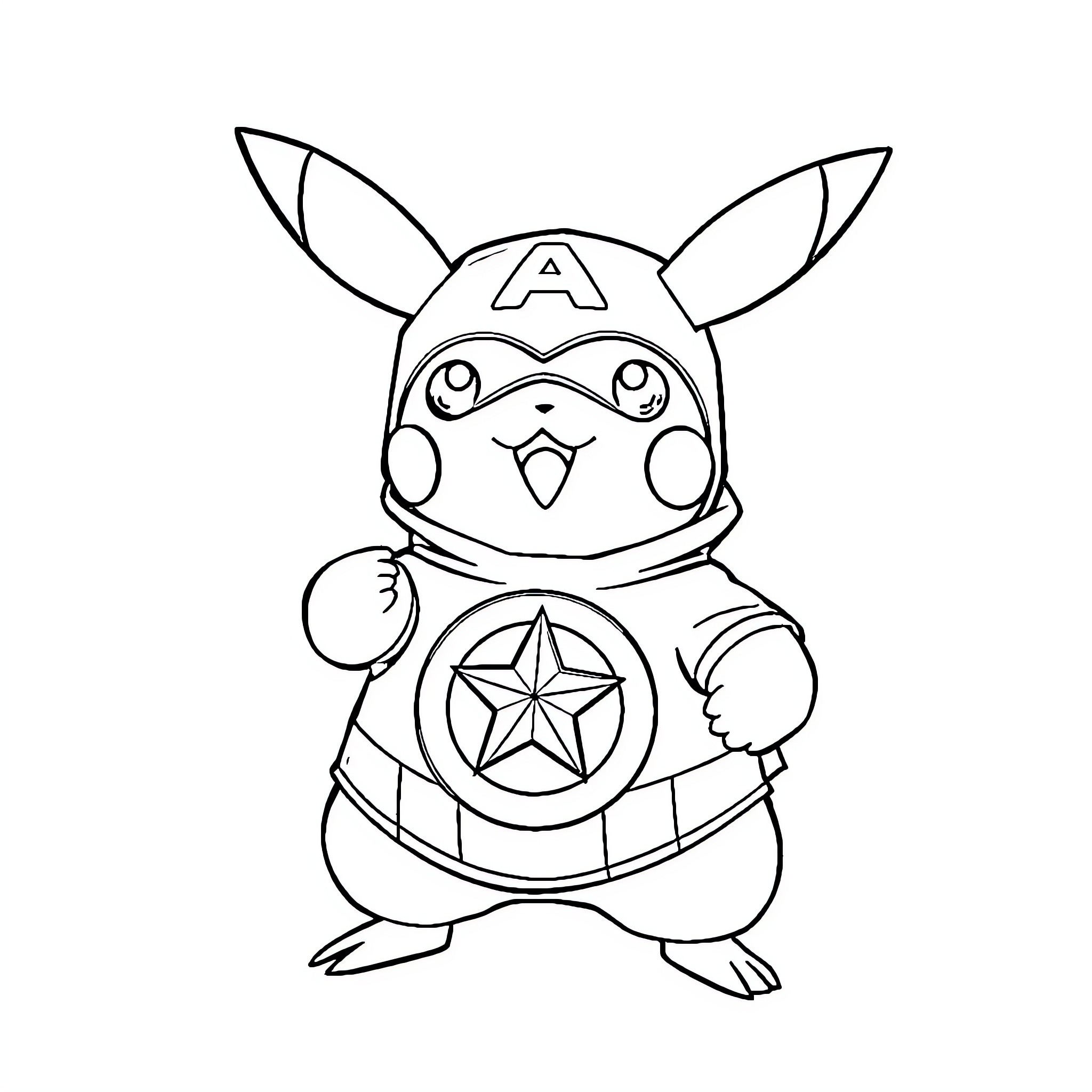 Pikachu dressed as Captain America Coloring Page (free black-and-white line drawing printable PDF for all, from beginners to advanced learners, including children, teens, adults, and seniors)