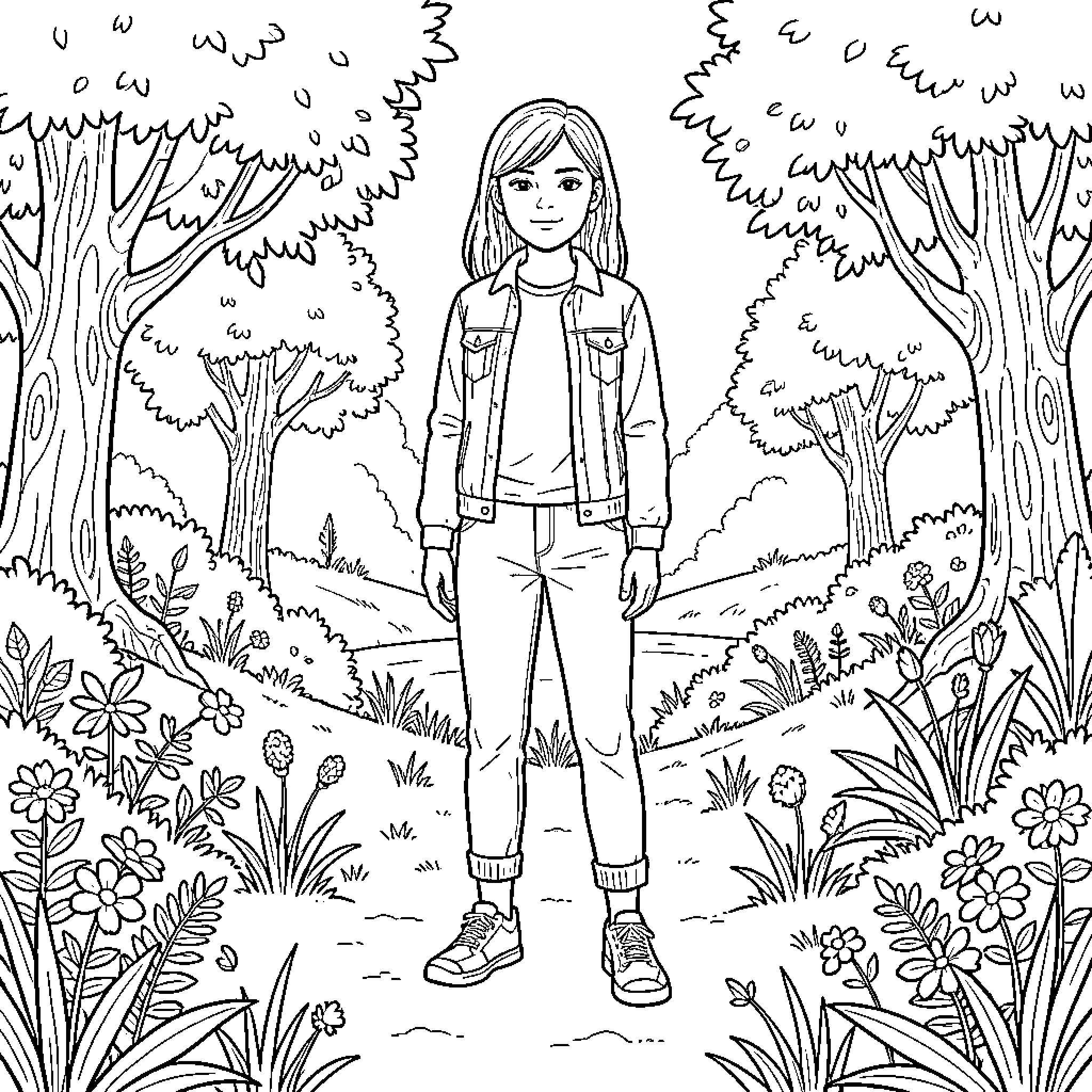 Millie Bobby Brown standing smiling in a forest garden Coloring Page (free black-and-white line drawing printable PDF for all, from beginners to advanced learners, including children, teens, adults, and seniors)