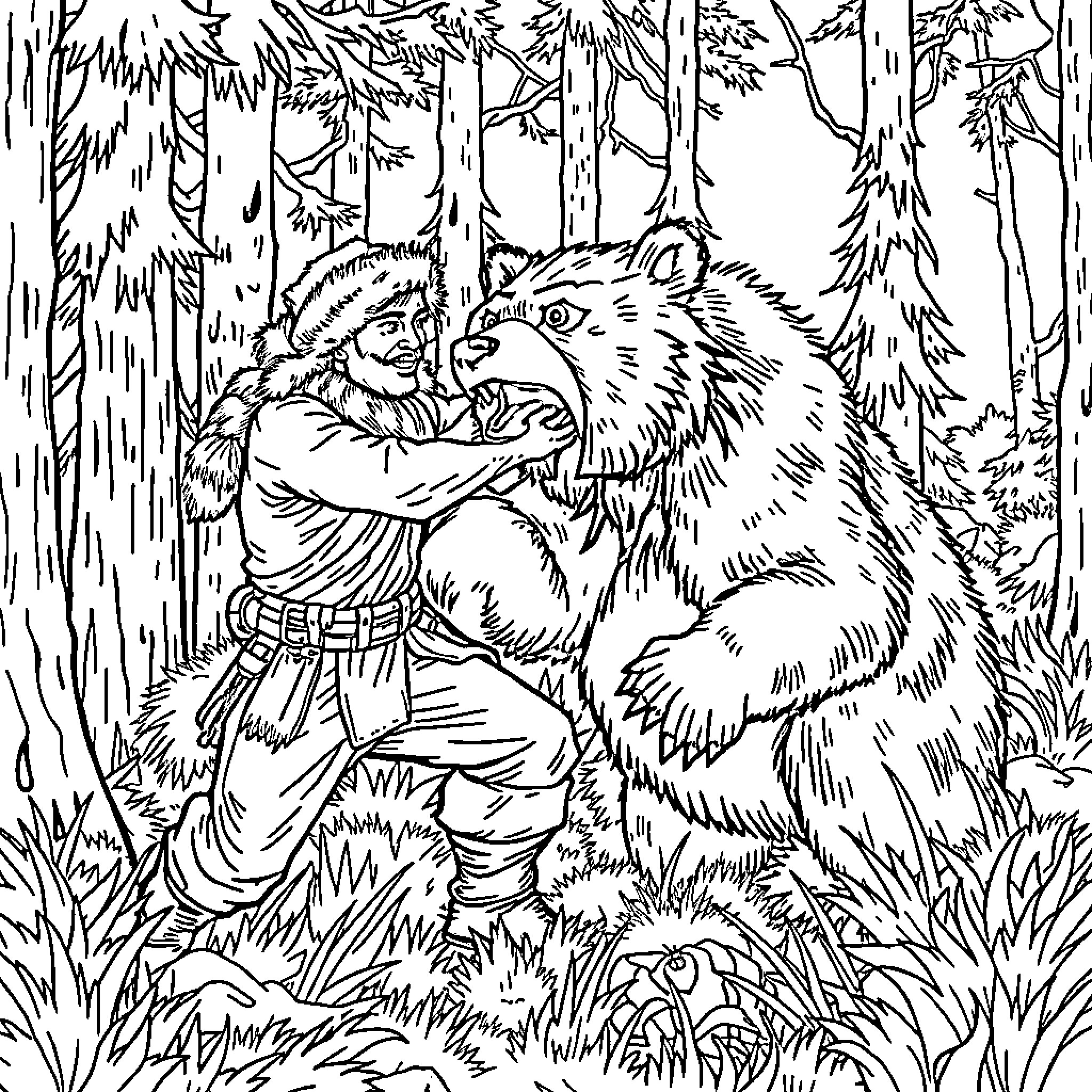 Pioneer Encounters Majestic Forest Creature Coloring Page (free black-and-white line drawing printable PDF for all, from beginners to advanced learners, including children, teens, adults, and seniors)
