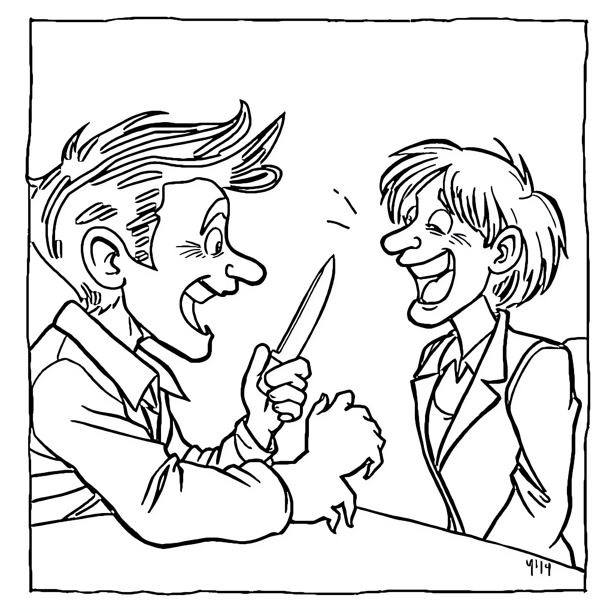 Boss Confrontation Between Two Businessmen Coloring Page (free black-and-white line drawing printable PDF for all, from beginners to advanced learners, including children, teens, adults, and seniors)