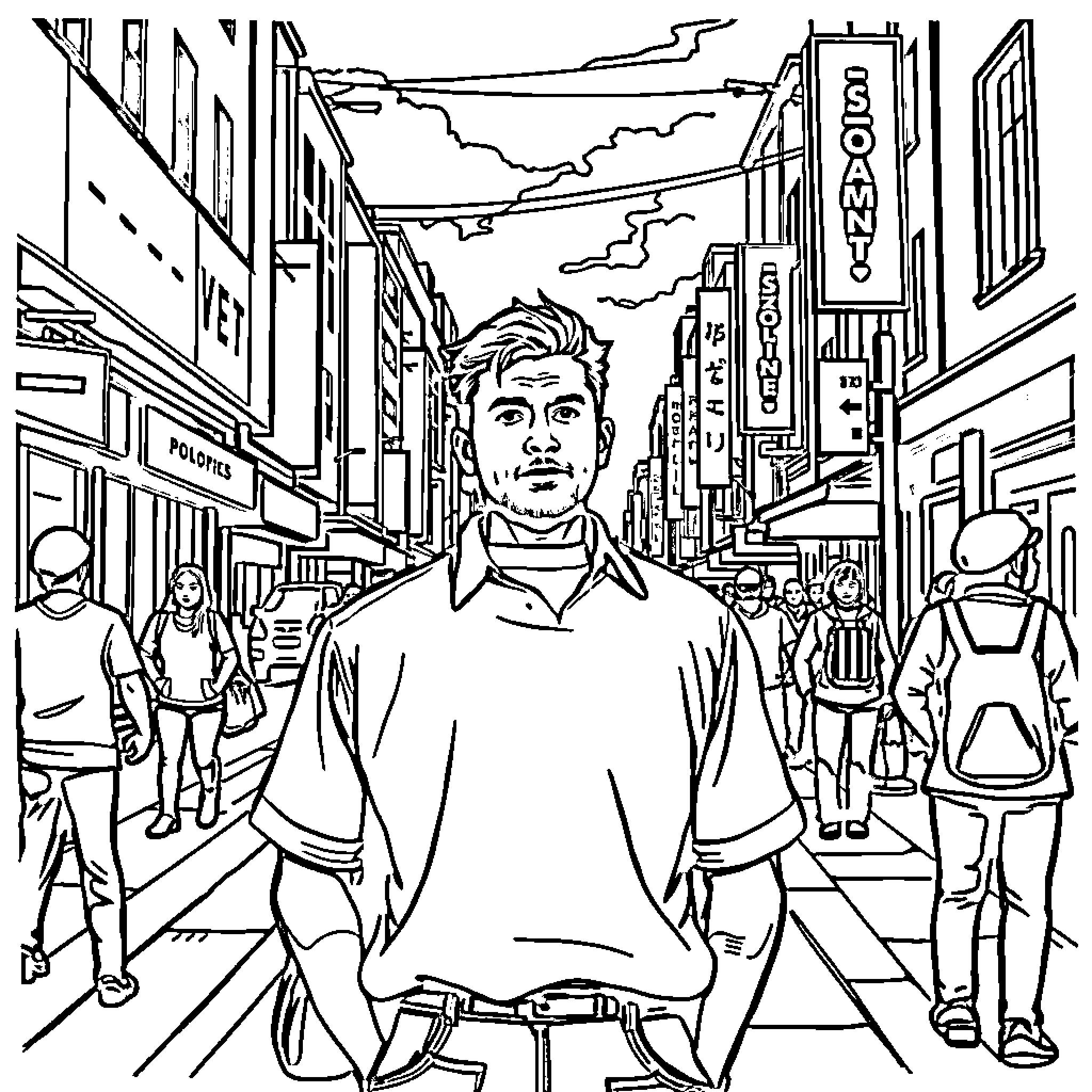 Man standing amidst busy urban street scene Coloring Page (free black-and-white line drawing printable PDF for all, from beginners to advanced learners, including children, teens, adults, and seniors)