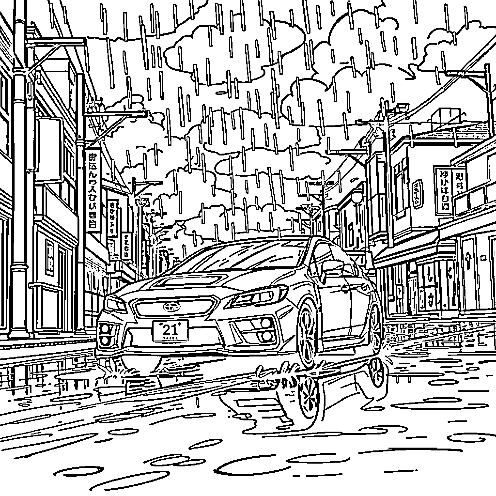 Subaru navigating through the bustling urban landscape Coloring Page (free black-and-white line drawing printable PDF for all, from beginners to advanced learners, including children, teens, adults, and seniors)