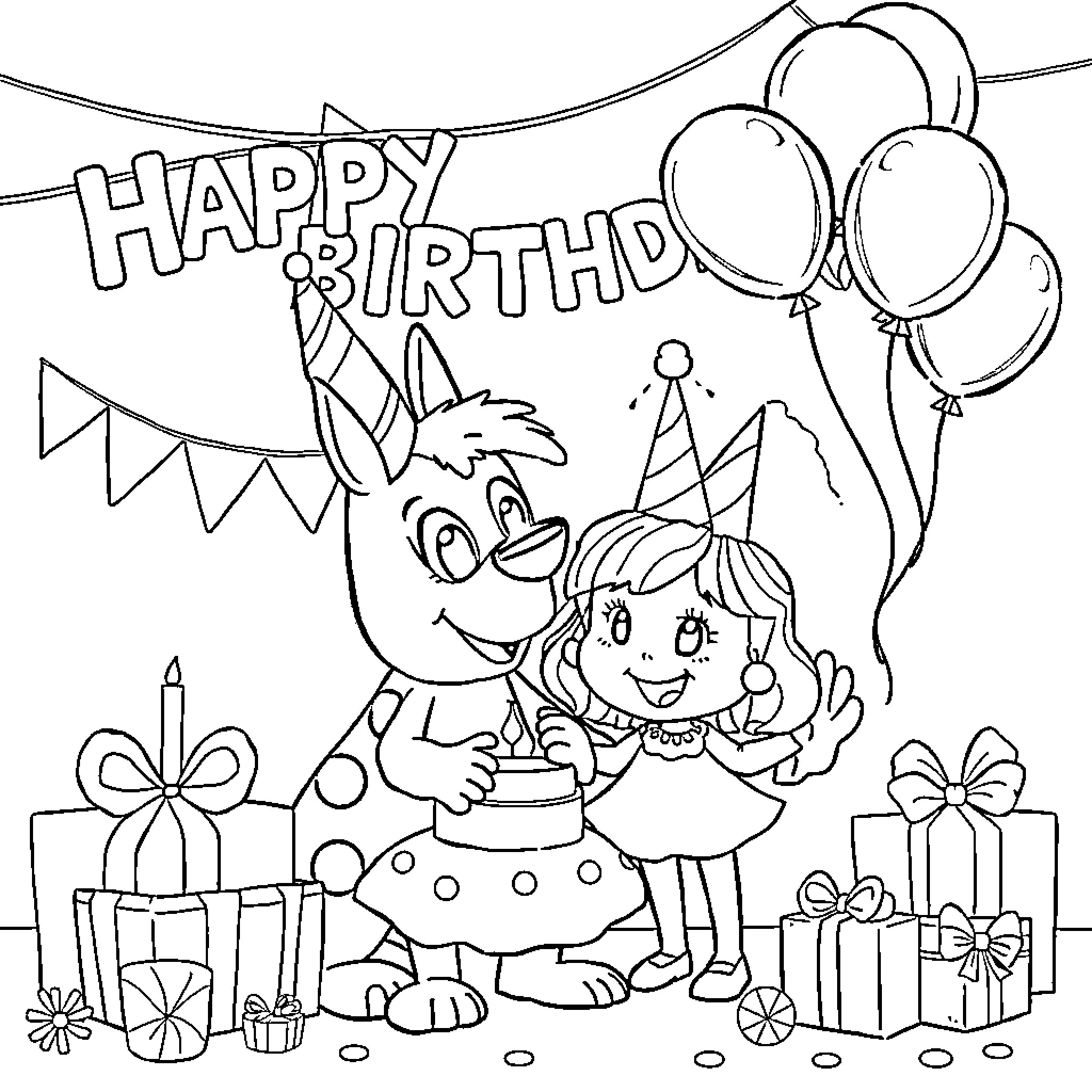 Huntrix's Joyful Birthday Celebration Coloring Page (free black-and-white line drawing printable PDF for all, from beginners to advanced learners, including children, teens, adults, and seniors)