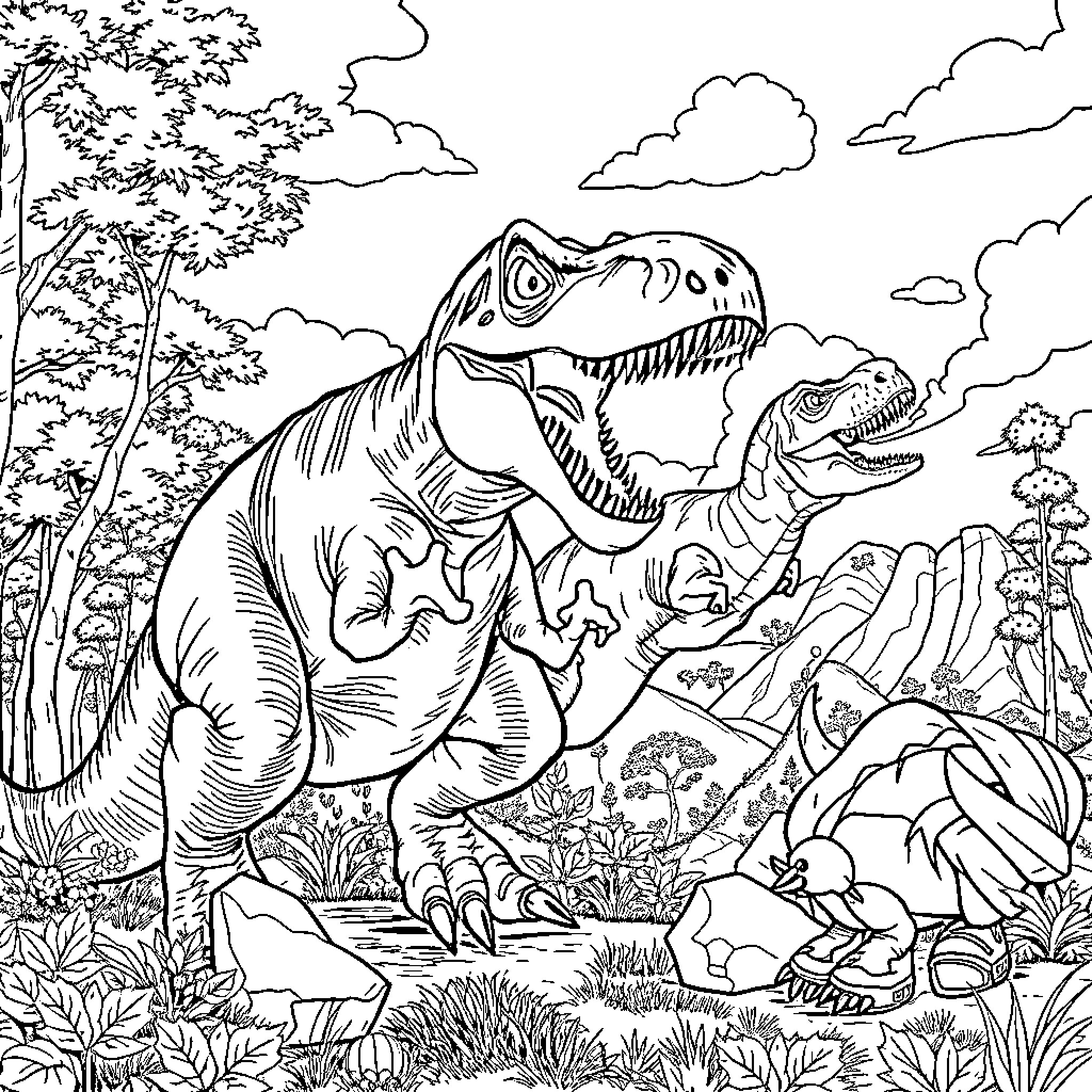 T-Rex Dinosaurs Roaring Fiercely in Prehistoric Jungle Coloring Page (free black-and-white line drawing printable PDF for all, from beginners to advanced learners, including children, teens, adults, and seniors)