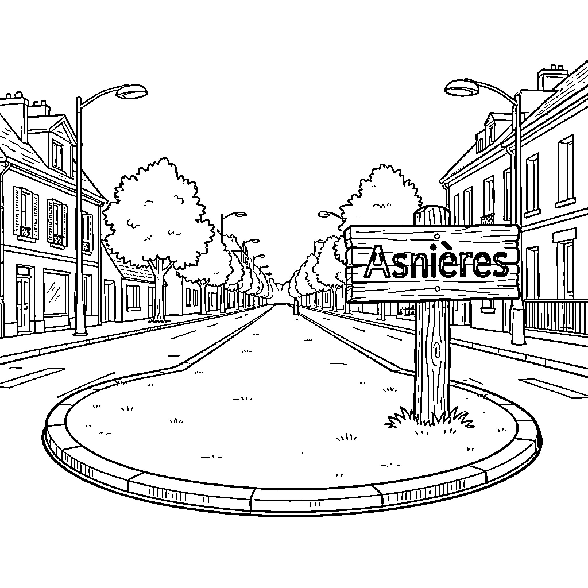 Roundabout featuring a sign pointing toward a city street Coloring Page (free black-and-white line drawing printable PDF for all, from beginners to advanced learners, including children, teens, adults, and seniors)