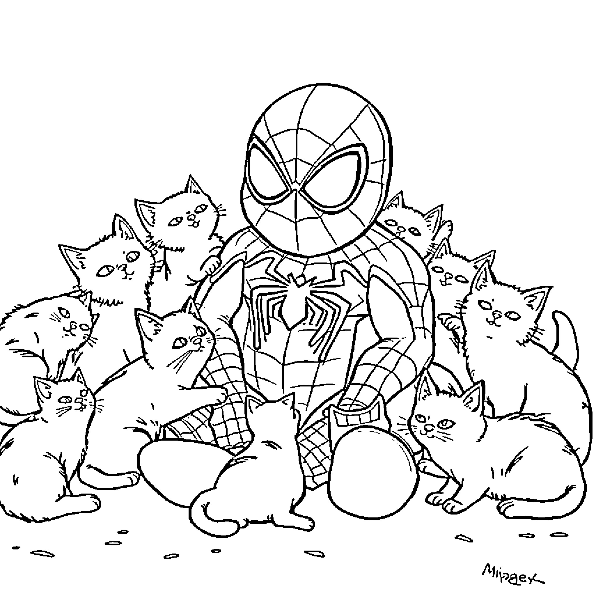 Spiderman surrounded by playful kittens Coloring Page (free black-and-white line drawing printable PDF for all, from beginners to advanced learners, including children, teens, adults, and seniors)