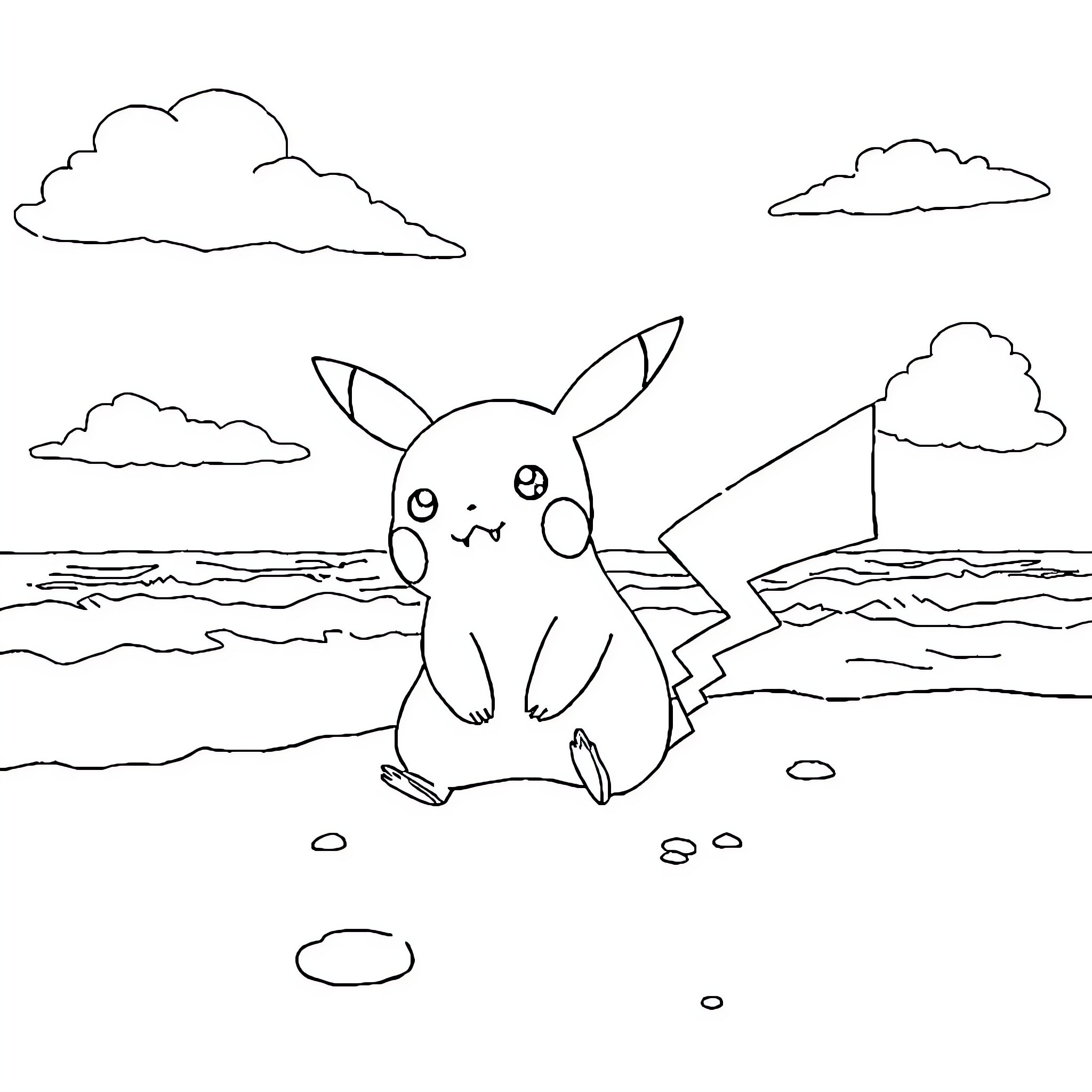 Pikachu playing by the ocean Coloring Page (free black-and-white line drawing printable PDF for all, from beginners to advanced learners, including children, teens, adults, and seniors)