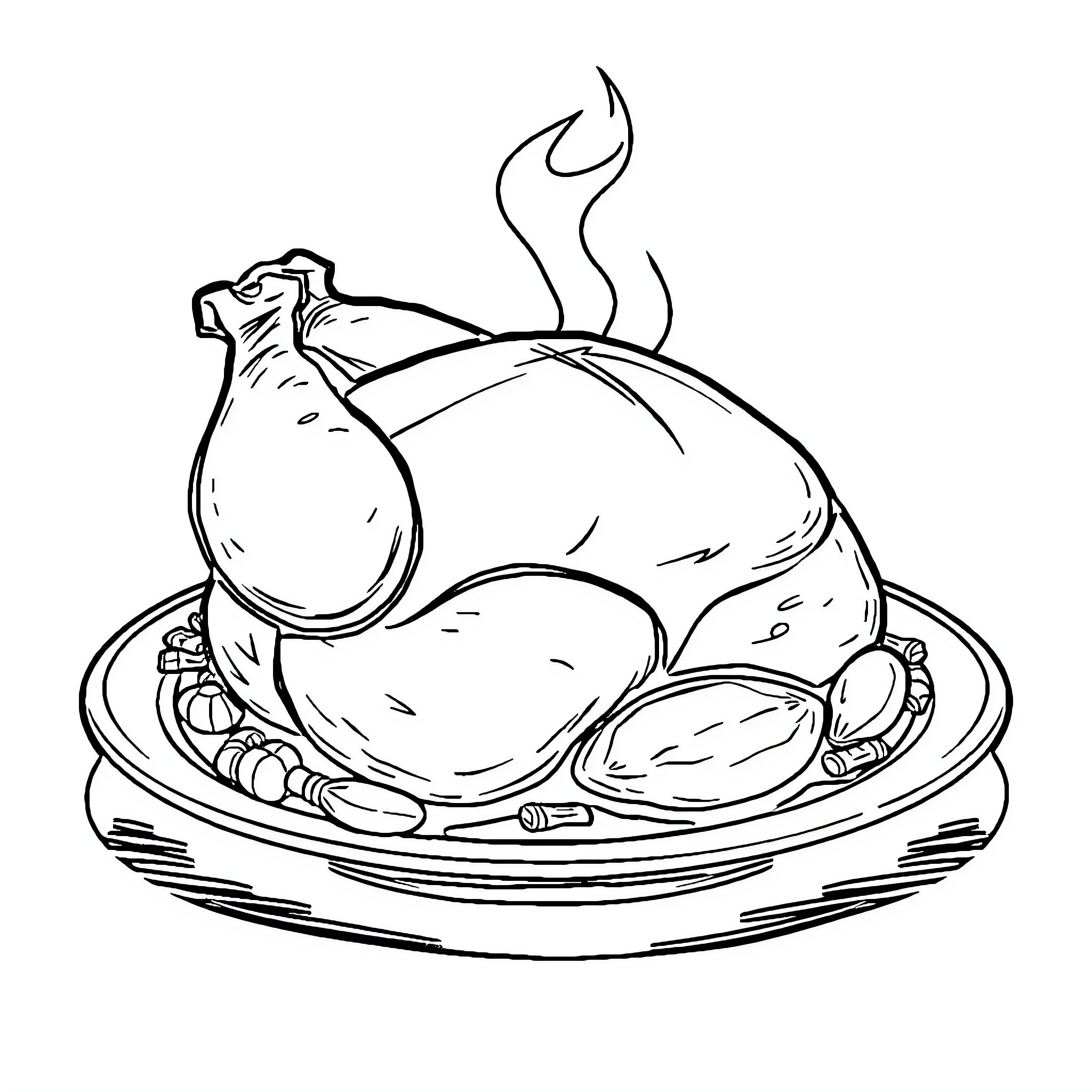 Chicken roasted and served on a plate Coloring Page (free black-and-white line drawing printable PDF for all, from beginners to advanced learners, including children, teens, adults, and seniors)