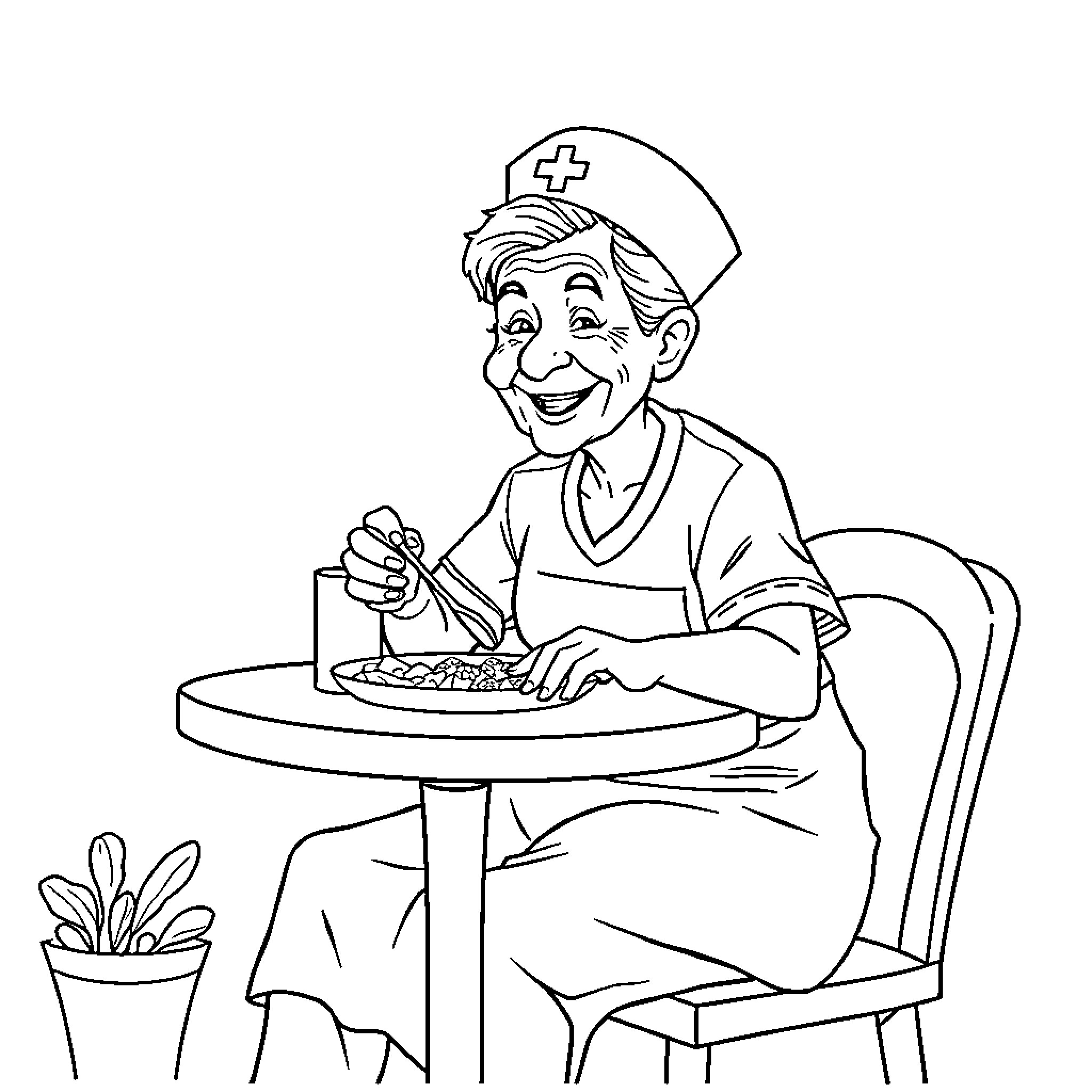 Nurse Enjoying Meal at Work Coloring Page (free black-and-white line drawing printable PDF for all, from beginners to advanced learners, including children, teens, adults, and seniors)