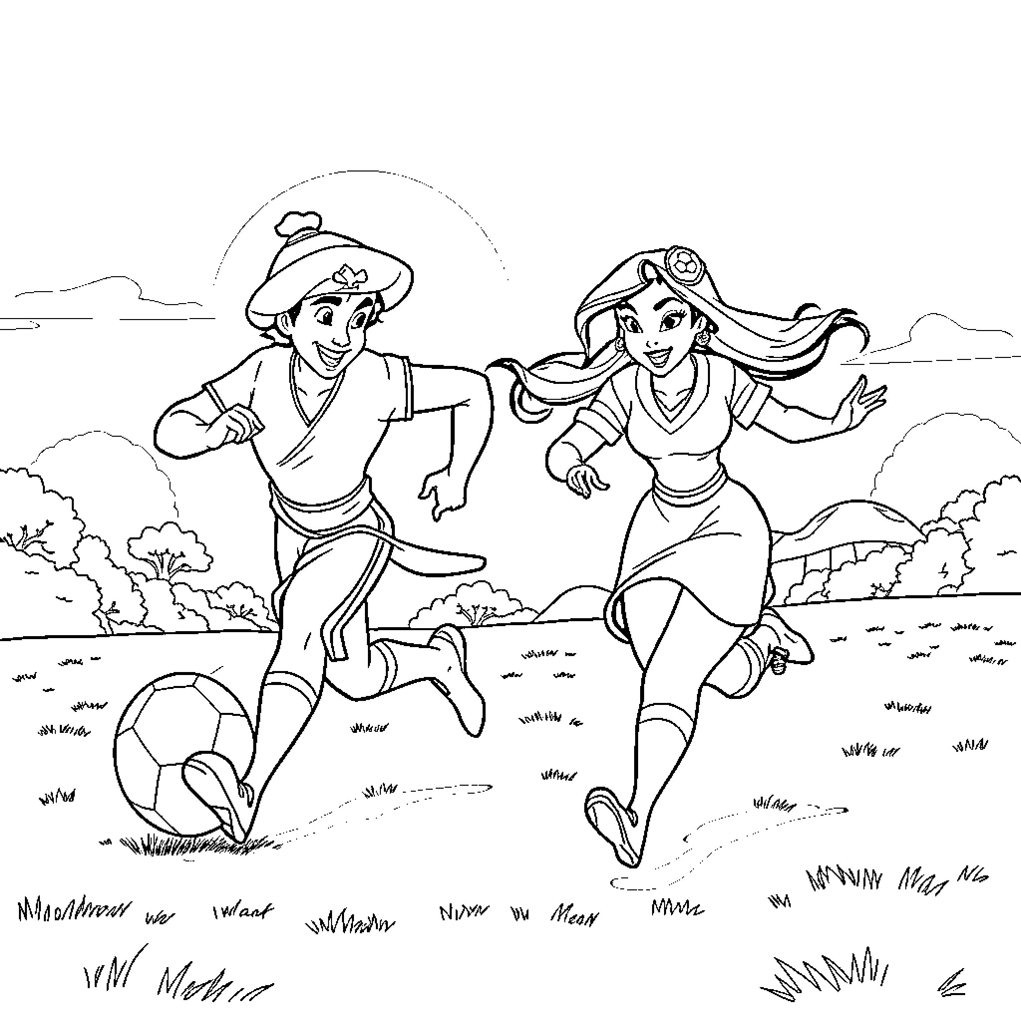 Aladdin and Jasmine playing in the enchanted meadow Coloring Page (free black-and-white line drawing printable PDF for all, from beginners to advanced learners, including children, teens, adults, and seniors)