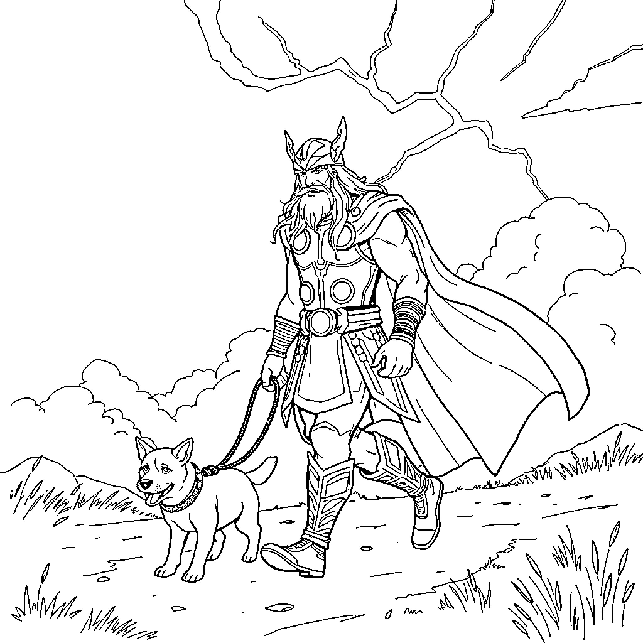 Thor heroically stands with his wolf companion in a stormy landscape Coloring Page (free black-and-white line drawing printable PDF for all, from beginners to advanced learners, including children, teens, adults, and seniors)