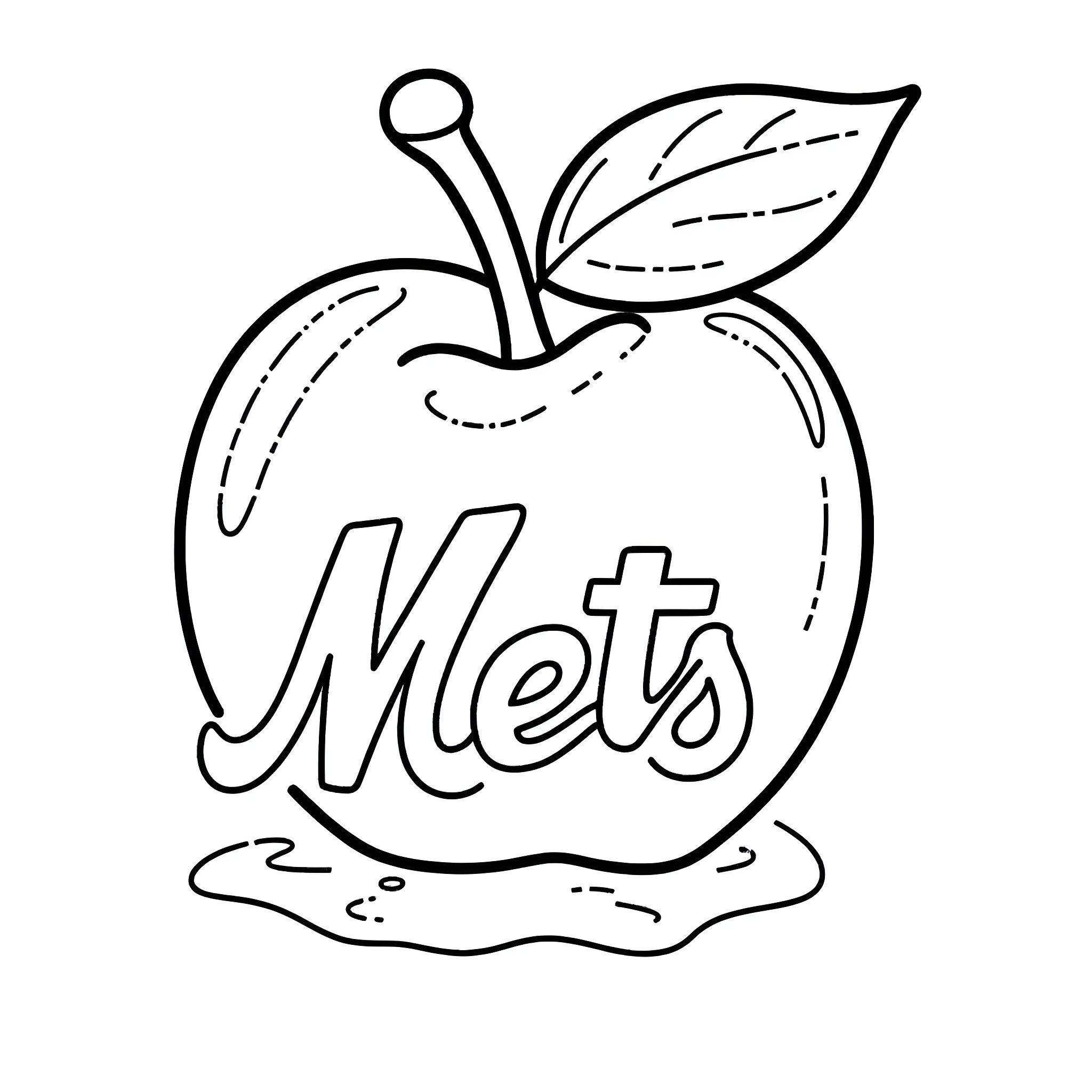 Mets Apple with Leaf and Team Logo Coloring Page (free black-and-white line drawing printable PDF for all, from beginners to advanced learners, including children, teens, adults, and seniors)