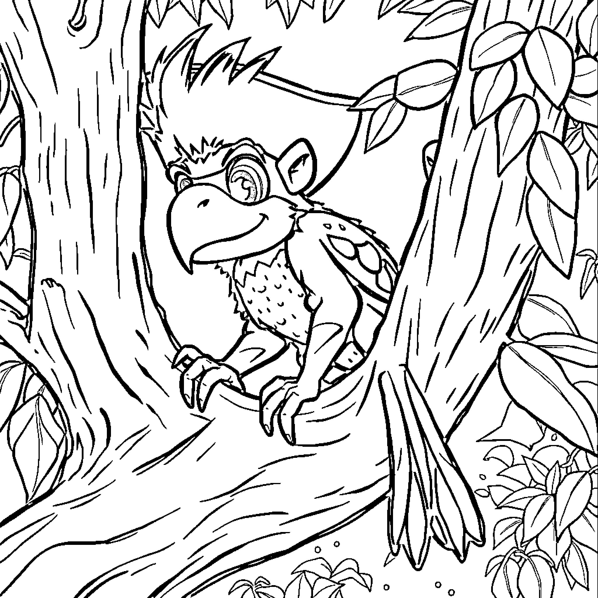 Mapache raccoon exploring the jungle foliage Coloring Page (free black-and-white line drawing printable PDF for all, from beginners to advanced learners, including children, teens, adults, and seniors)