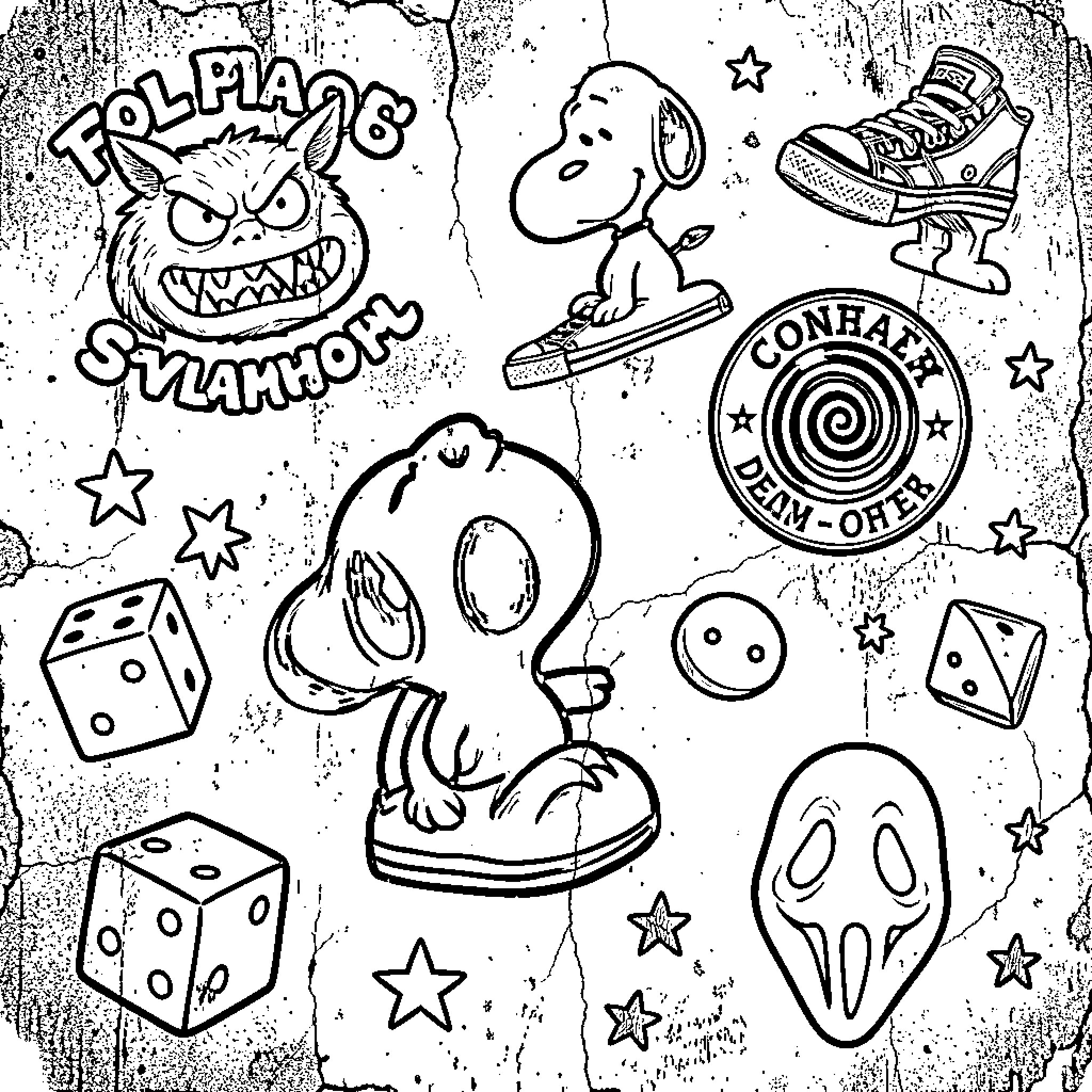Grunge Doodle of cartoon dog, sneakers, dice, and stars Coloring Page (free black-and-white line drawing printable PDF for all, from beginners to advanced learners, including children, teens, adults, and seniors)