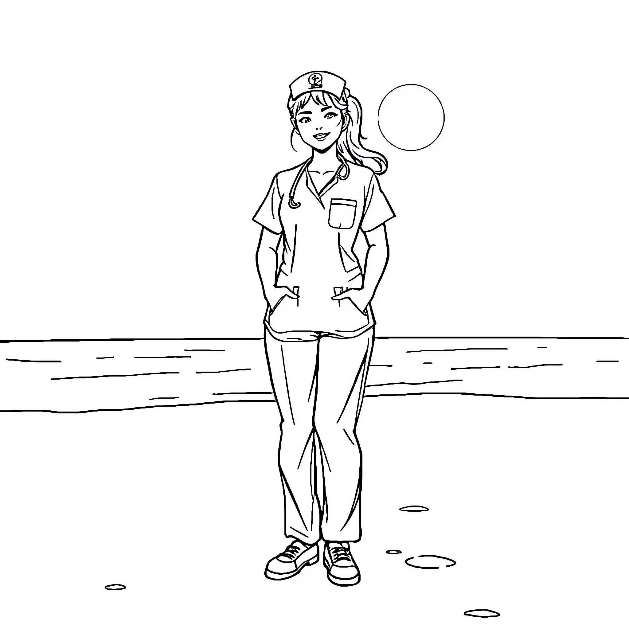Nurse standing on the beach Coloring Page (free black-and-white line drawing printable PDF for all, from beginners to advanced learners, including children, teens, adults, and seniors)