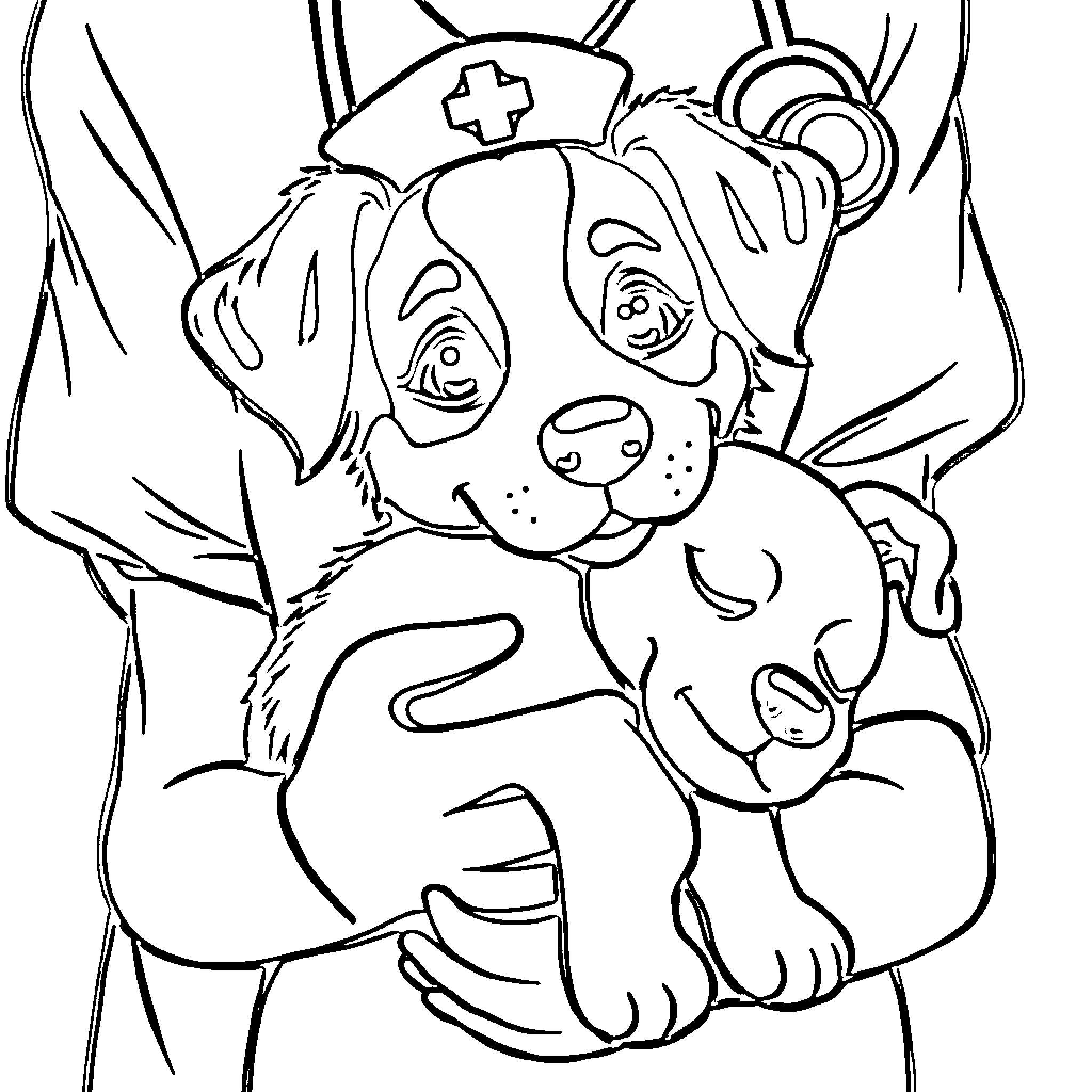Dog nurse caring for a puppy Coloring Page (free black-and-white line drawing printable PDF for all, from beginners to advanced learners, including children, teens, adults, and seniors)