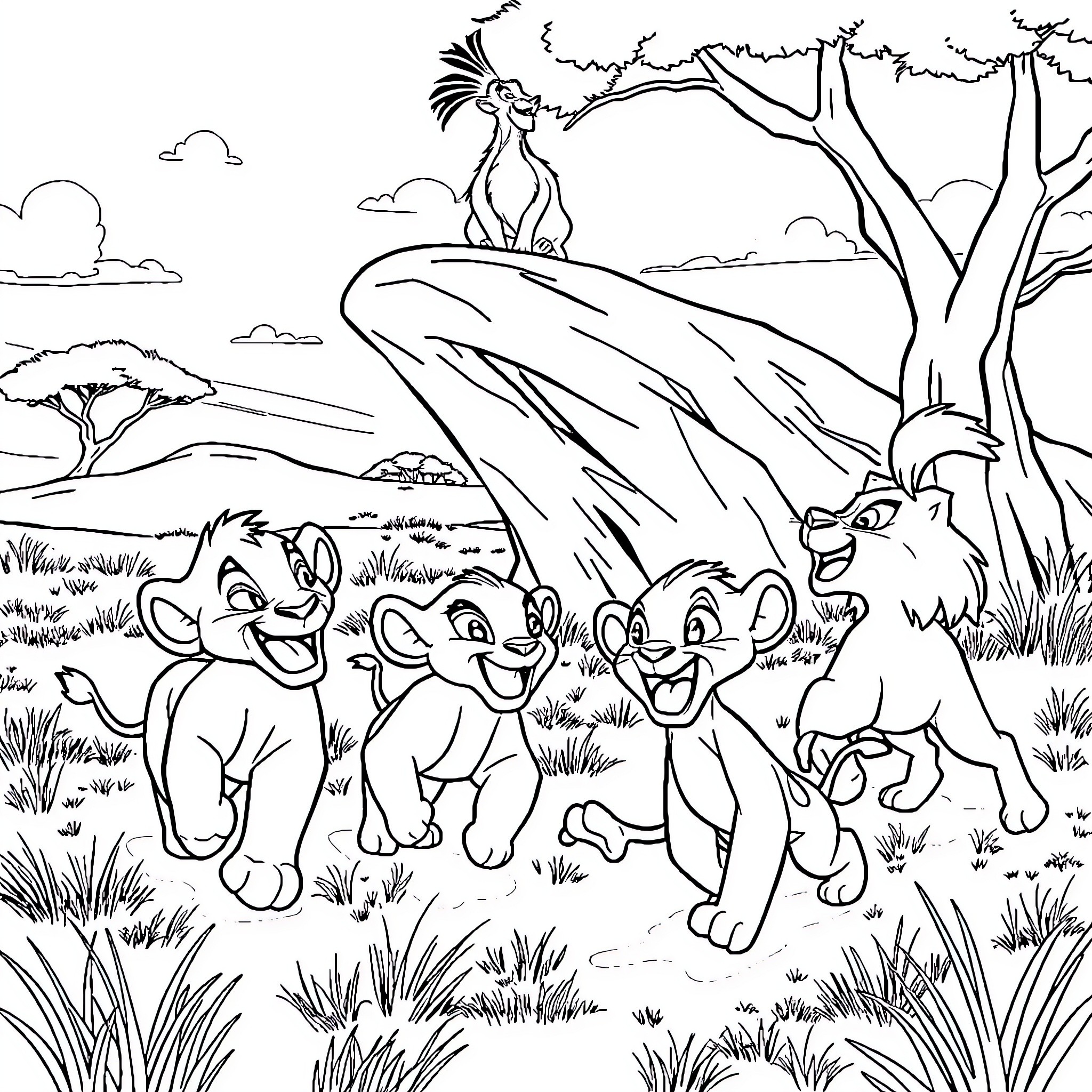 Lion cubs playing joyfully in the savanna Coloring Page (free black-and-white line drawing printable PDF for all, from beginners to advanced learners, including children, teens, adults, and seniors)