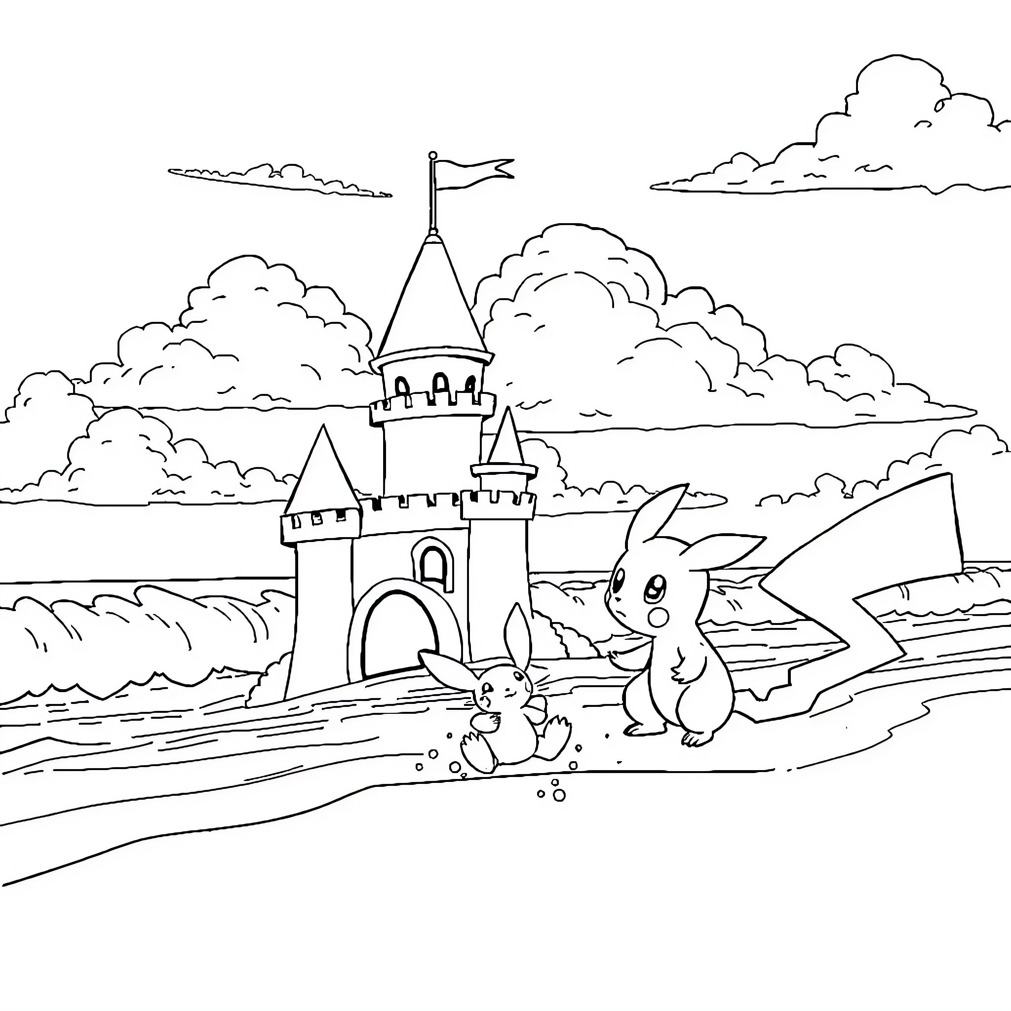Pokémon Rabbit-like Characters Exploring Castle Scenery Coloring Page (free black-and-white line drawing printable PDF for all, from beginners to advanced learners, including children, teens, adults, and seniors)