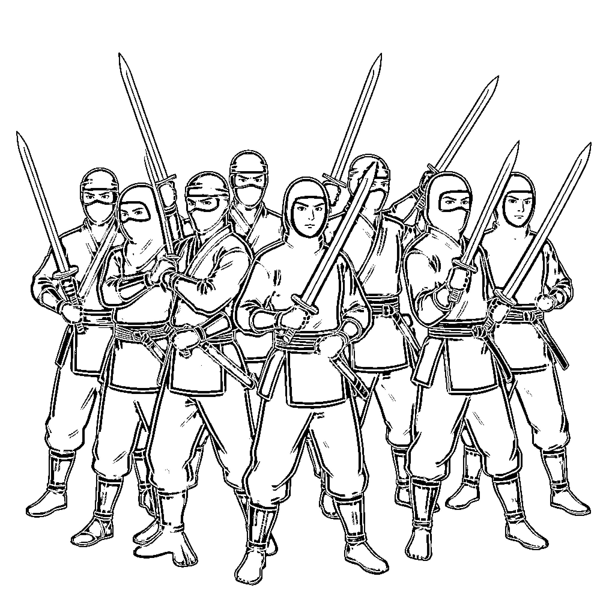 Ninja warriors wielding swords and ready for battle Coloring Page (free black-and-white line drawing printable PDF for all, from beginners to advanced learners, including children, teens, adults, and seniors)