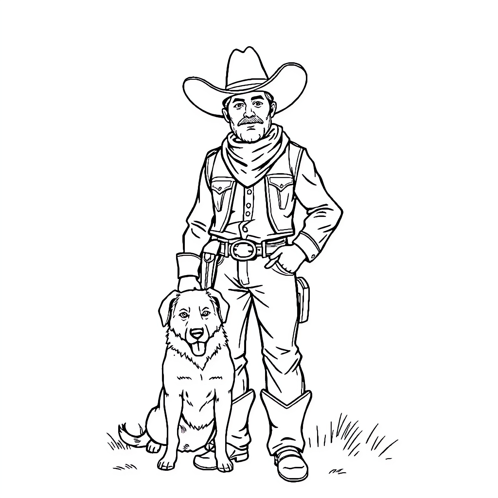 Cowboy standing with his loyal dog Coloring Page (free black-and-white line drawing printable PDF for all, from beginners to advanced learners, including children, teens, adults, and seniors)