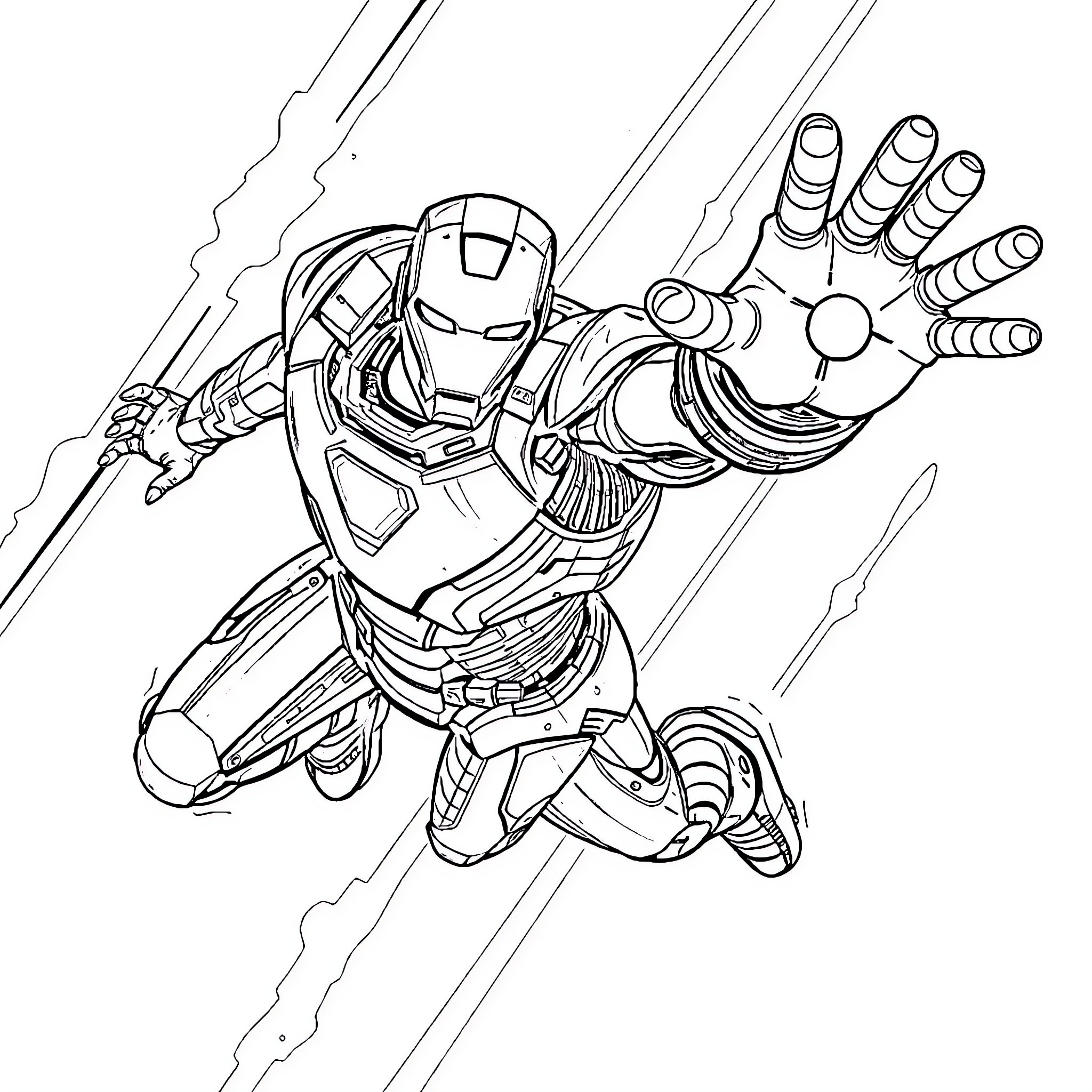Iron Man in action-packed pose with weapons Coloring Page (free black-and-white line drawing printable PDF for all, from beginners to advanced learners, including children, teens, adults, and seniors)