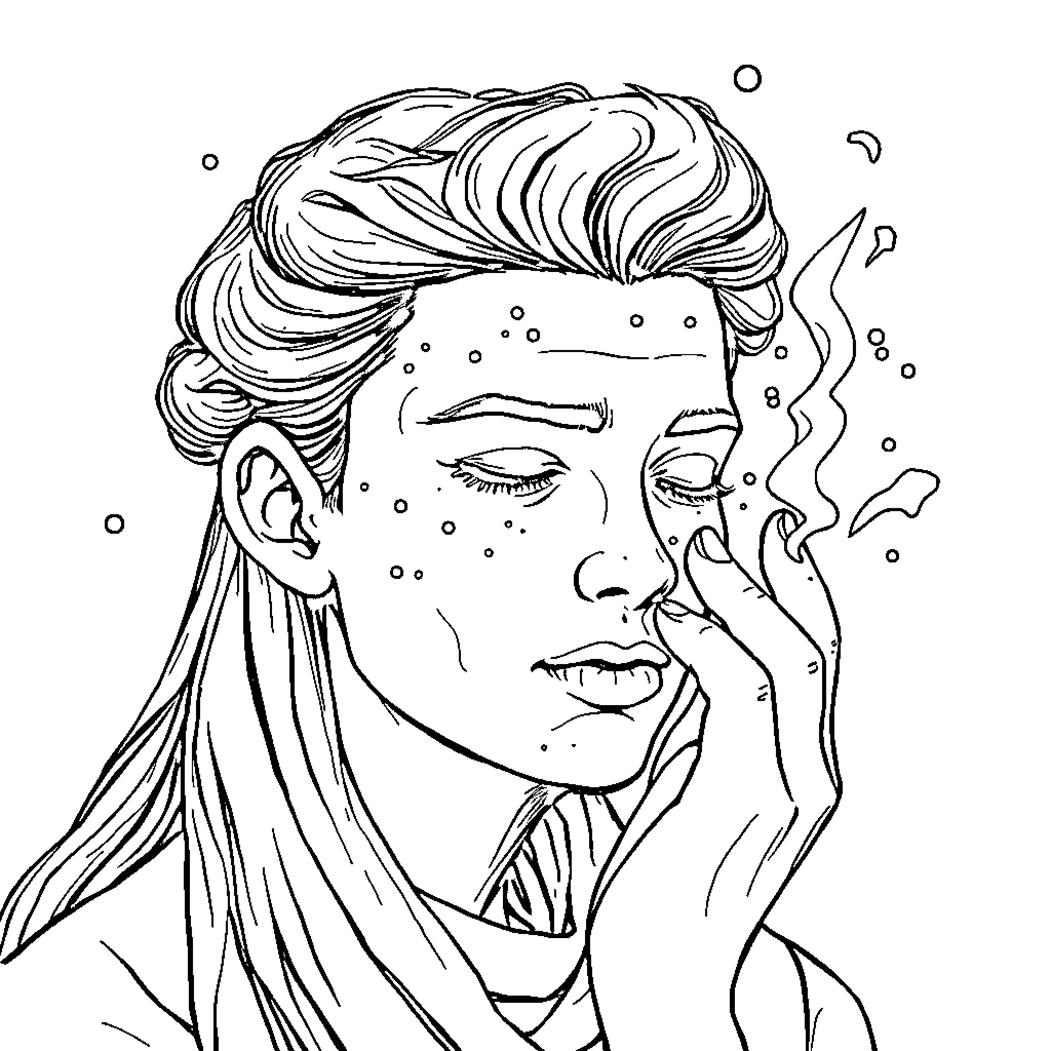 Ash in pensive, thoughtful mood Coloring Page (free black-and-white line drawing printable PDF for all, from beginners to advanced learners, including children, teens, adults, and seniors)